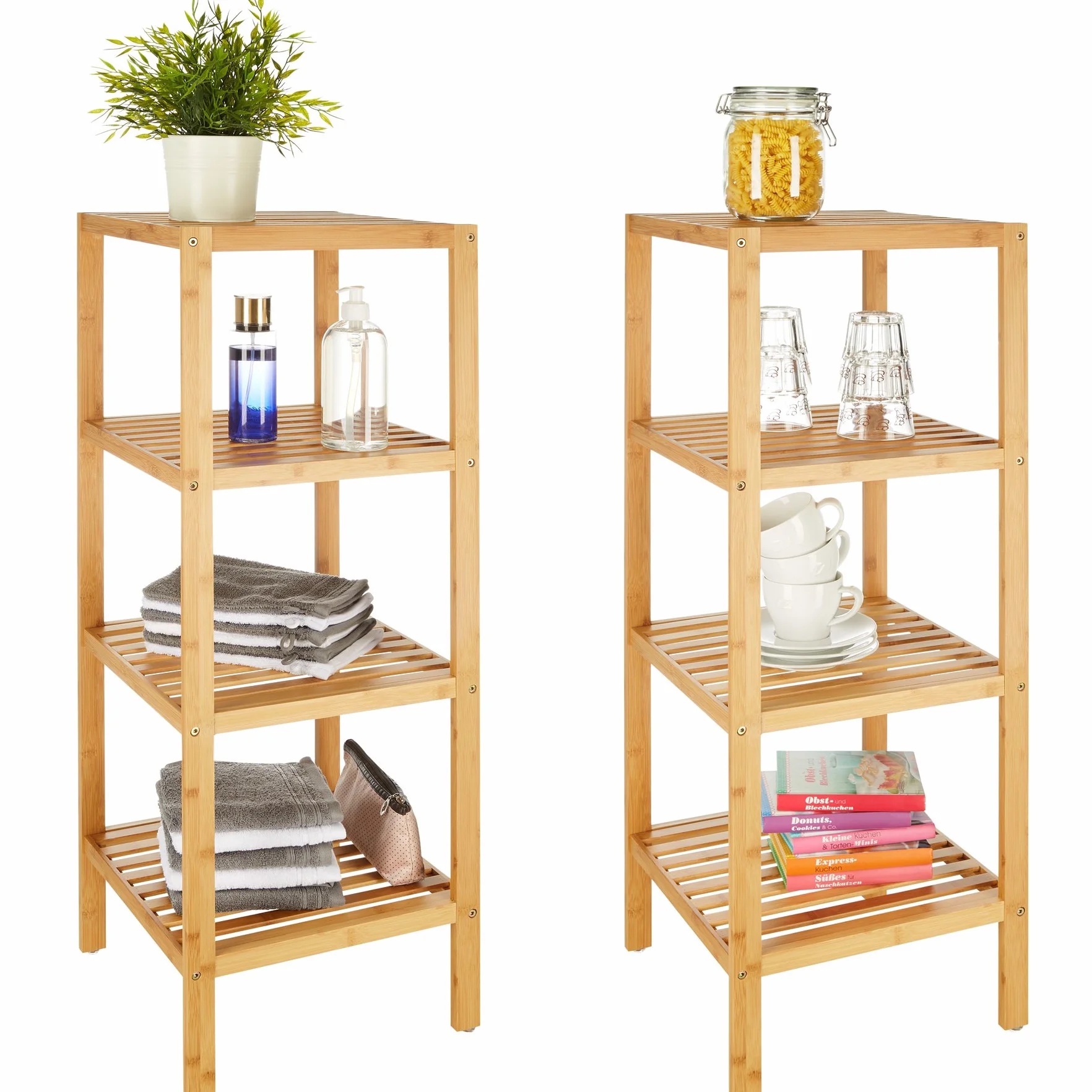 tectake® Mobiletto Bagno Salvaspazio 33x33x97 cm, Scaffale Organizer Bagno con 4 Ripiani, Scaffale Salvaspazio in Bambu per Bagnoschiuma, Trucchi, Asciugamani o Piante, Ideale per Casa o Ufficio