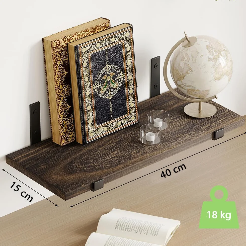 BAKAJI Set 10 Mensole galleggianti da Parete in Legno, Scaffali a Muro Multiuso con Staffe in Metallo, ideali per Camera da Letto, Soggiorno, Cucina, Bagno, Libreria, Salvaspazio, 40 x 15 cm (Rovere)
