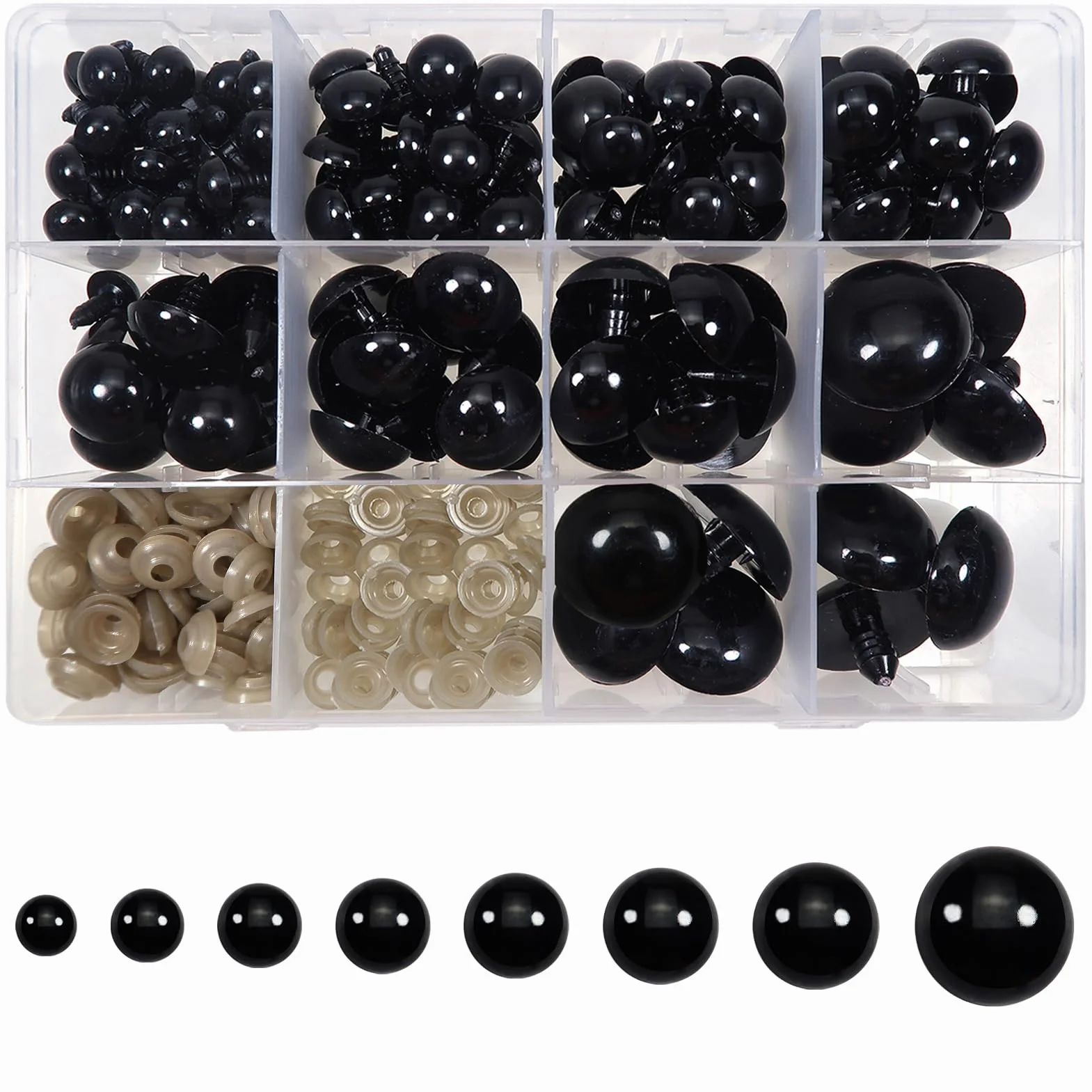 TOAOB 150 Pezzi Occhi di Sicurezza per Amigurumis 12mm a 30mm Grandi Nero Occhi Plastica Occhietti con 150 Pezzi Rondelle per Bambole Pupazzi Fai da Te all'Uncinetto e Animali di Peluche