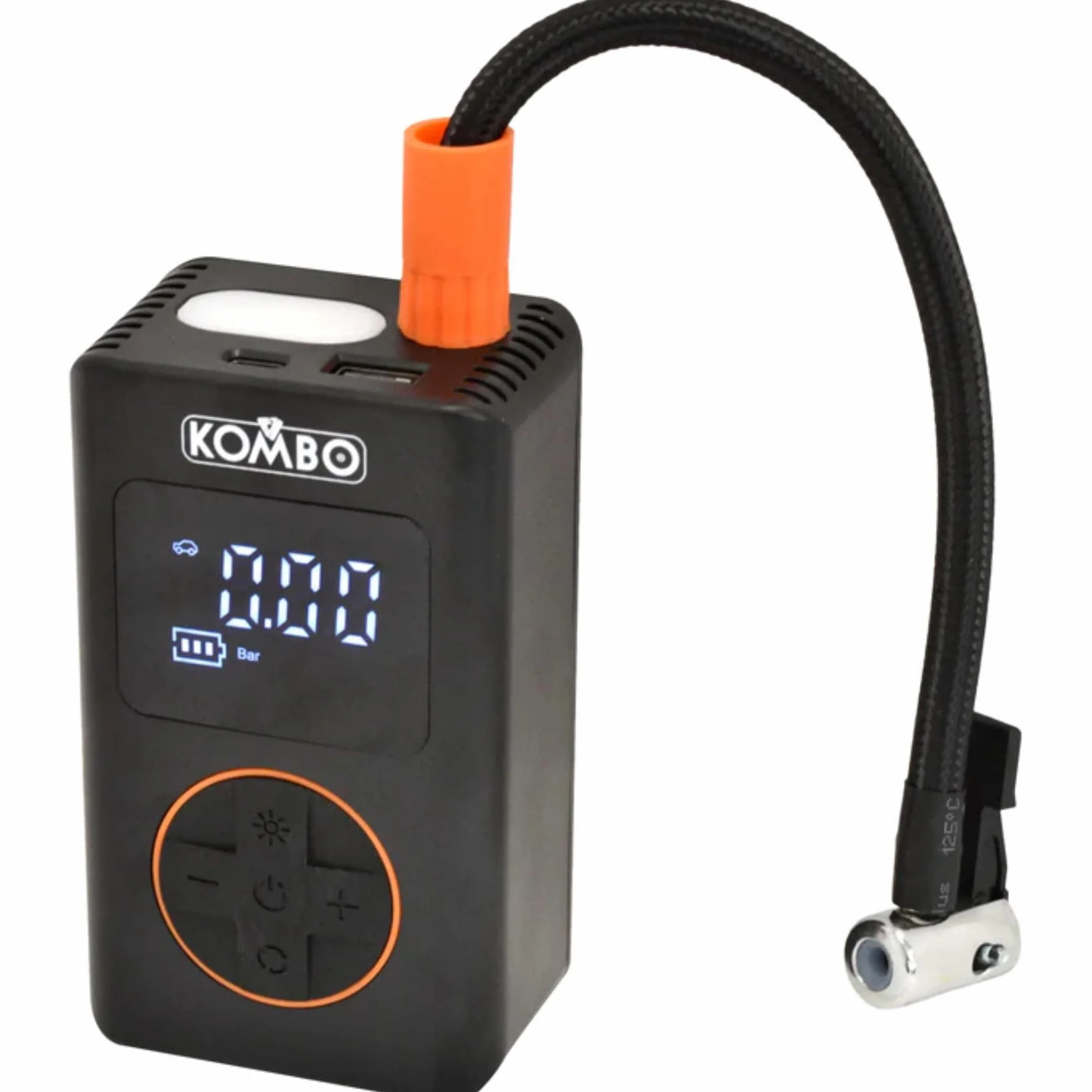 KOMBO - Compressore Aria Portatile Cordless 8V – Gonfiatore Gomme Auto Digitale 130 PSI con Auto-Stop, USB-C e 4 Adattatori, Mini Compressore Ricaricabile