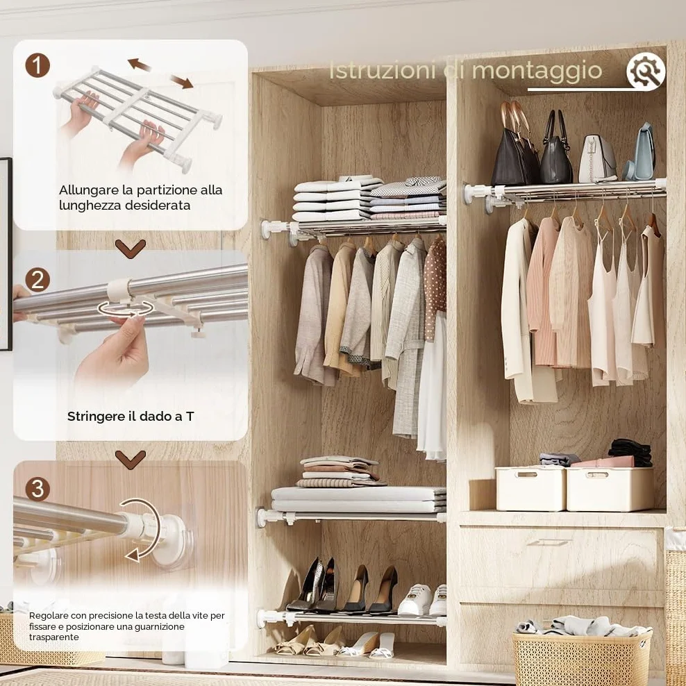 Hershii Scaffale Dell'armadio Regolabile Divisorio per Guardaroba Rack di Stoccaggio Cremagliera