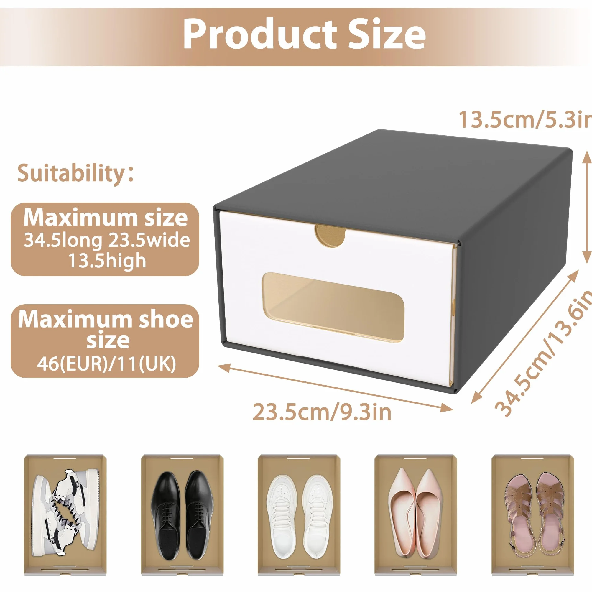 ACXIN Set di 20 scatole per scarpe, impilabili, cassetti con finestra trasparente, cartone in carta kraft, 34,5 x 23,5 x 13,5 cm, colore: antracite
