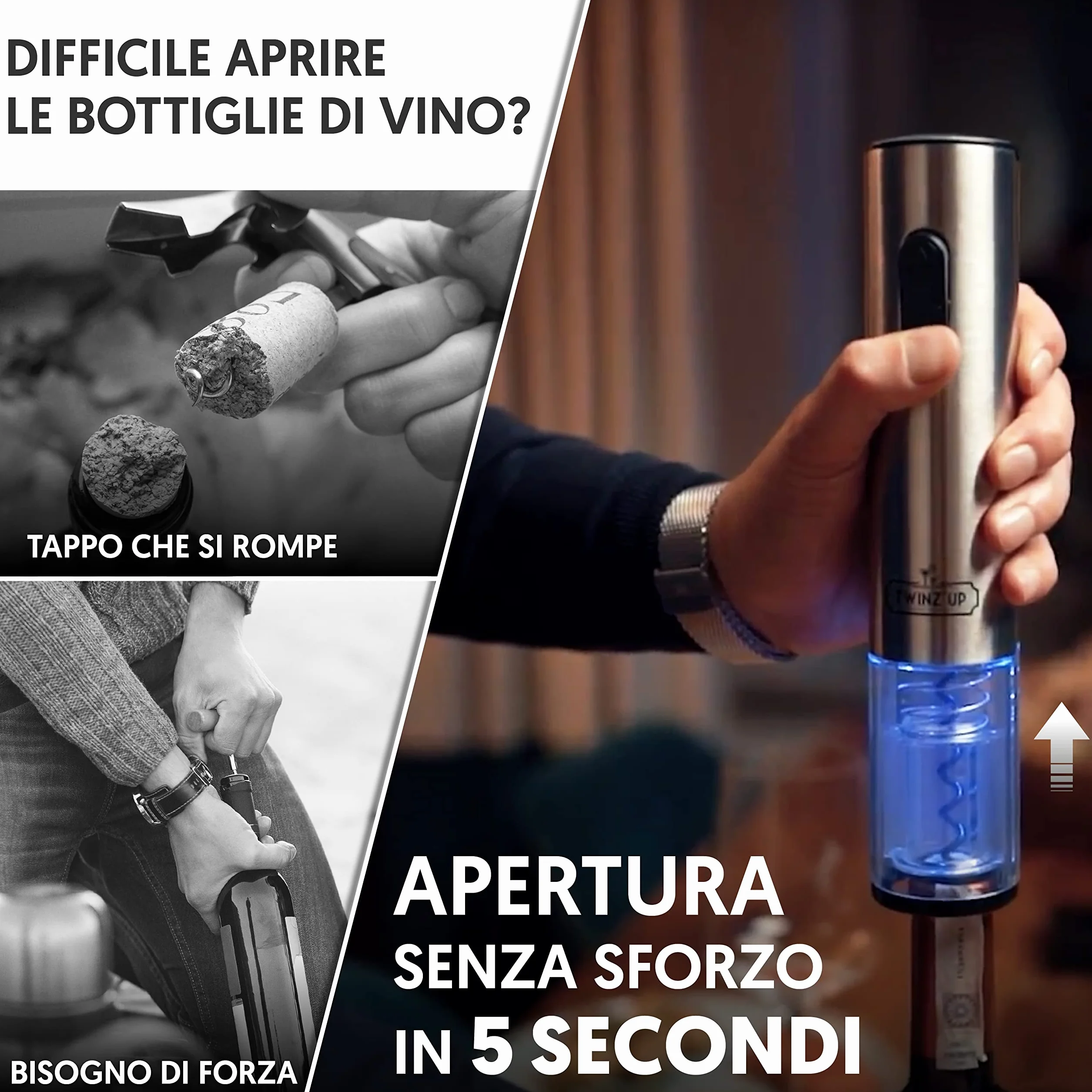 Twinz'Up Cavatappi Elettrico per Vino, Idee Regalo Uomo Compleanno - Apribottiglie Elettrico Ricaricabile (Base di Ricarica) con Taglia-Capsule