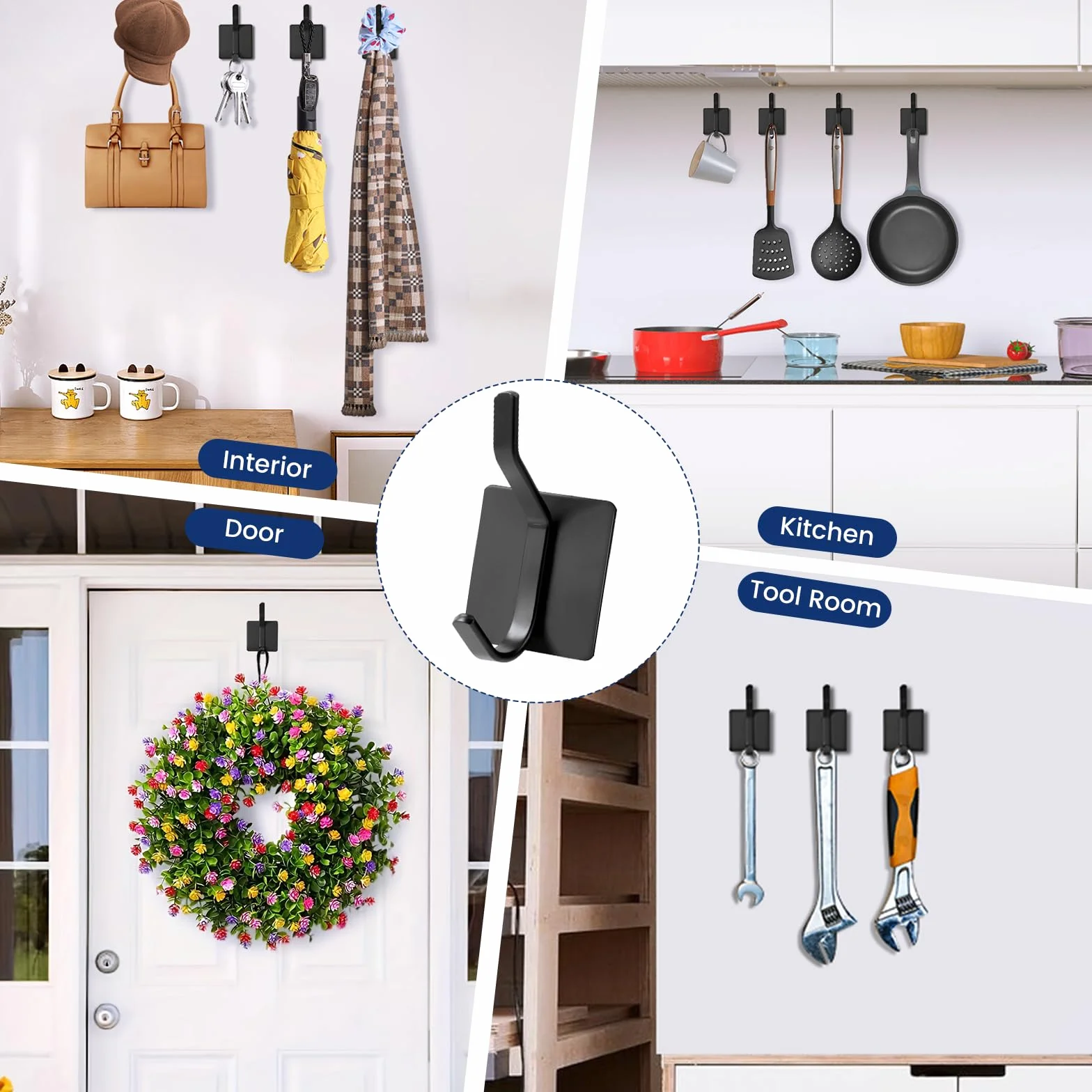 Oderra 4 Pezzi Ganci Adesivi Muro, Appendi Accappatoio Bagno, Antiruggine - Nero