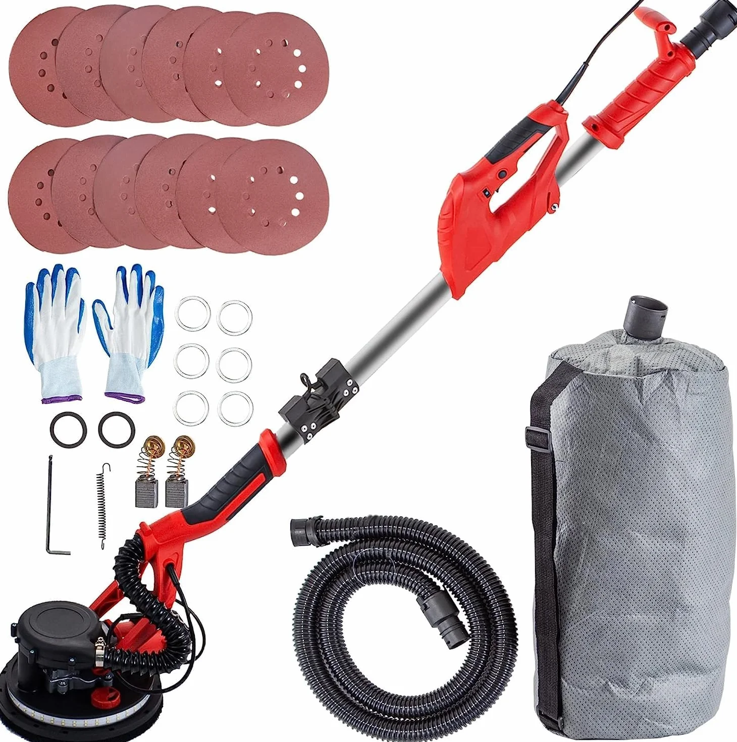 VEVOR Levigatrice per Cartongesso 850W, Velocità 800-1750 giri/min, Impugnatura Estensibile, LED, Tubo Polvere