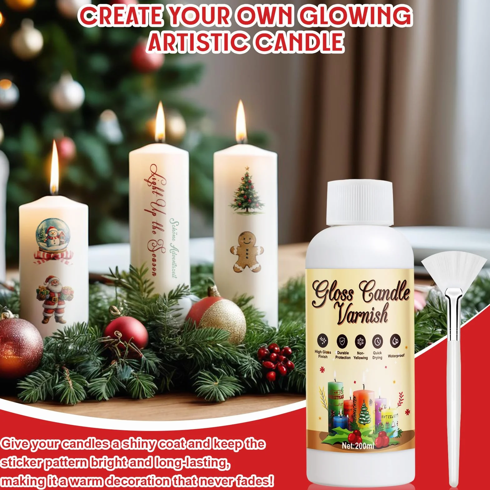 Vernidas Lucido Trasparente, Vernice Trasparente, Vernice Finale Lucida, Candele Vernice con Candle Stickers Natalizi, Impermeabile, Asciugatura Rapida, Migliora la Vivacità del Colore, 200ml