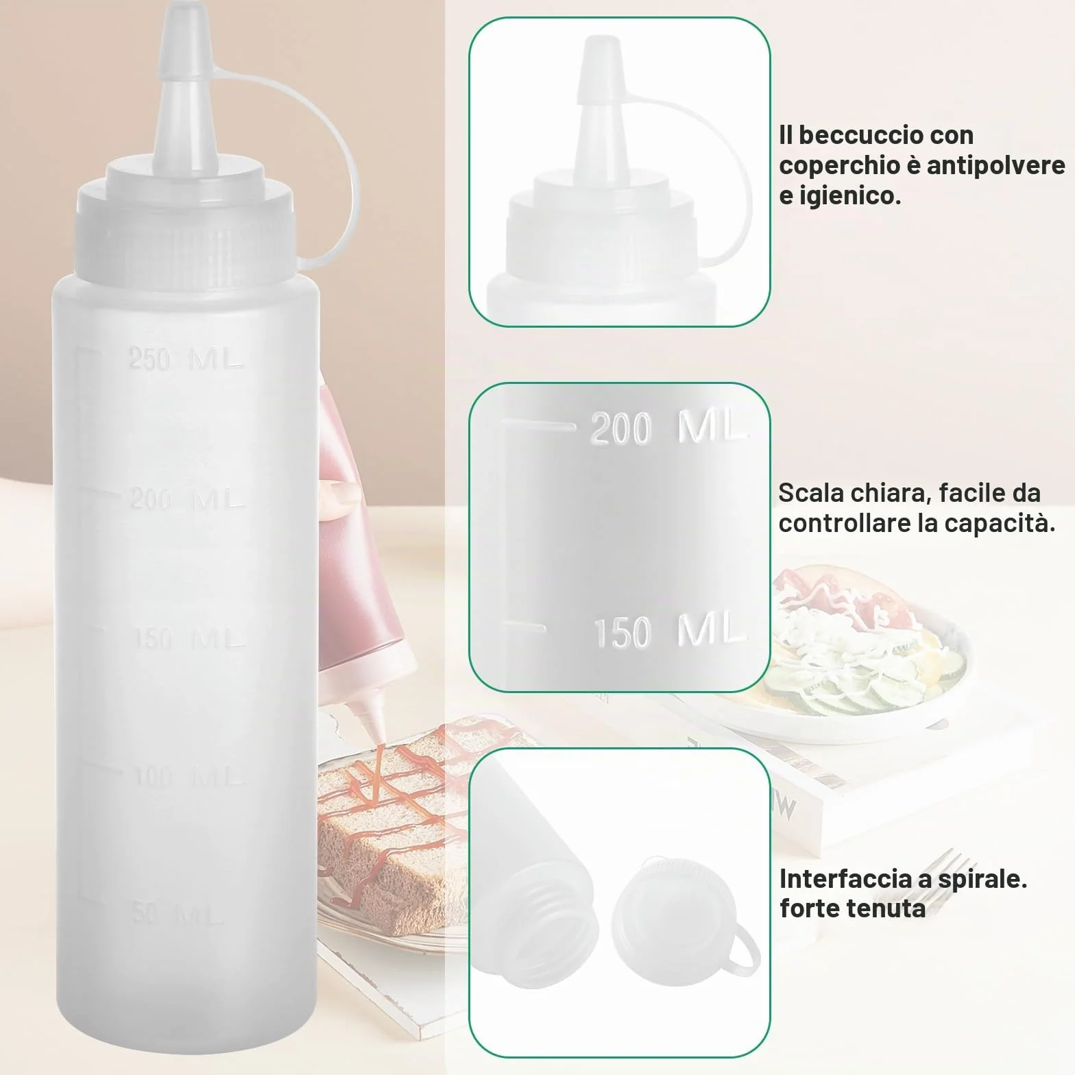 Flacone Dosatore 240ml 6 Pezzi Senza BPA Bianco – Flaconi Spremi Cucina Anti-Perdita per Salse Ketchup Senape Olio