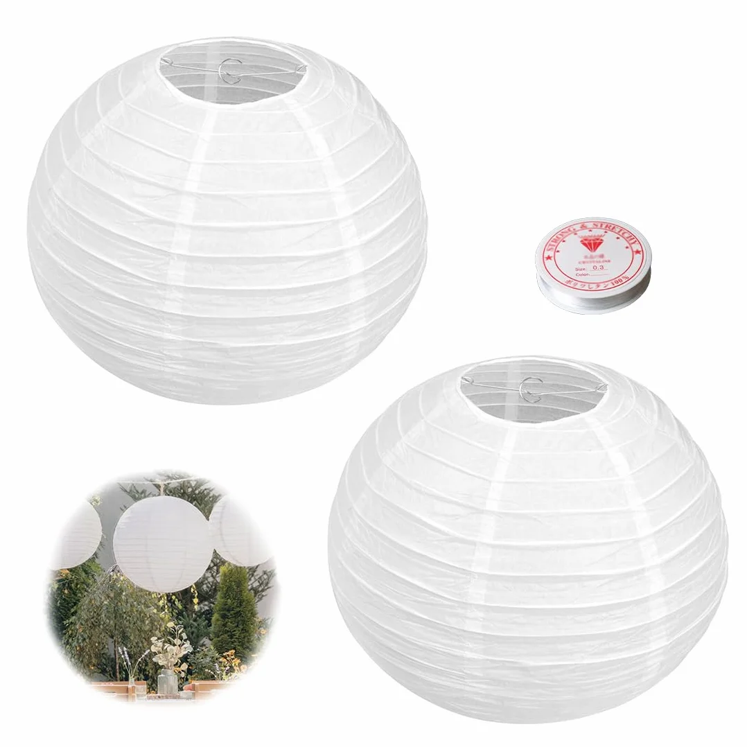 2 pezzi Lanterne Cinesi, 20cm Lanterna di carta Rotonde, Con cavo decorativo di 60 m, White Lanterne di carta da Appendere Decorazione per Decorazioni Domestiche, Feste e Matrimoni