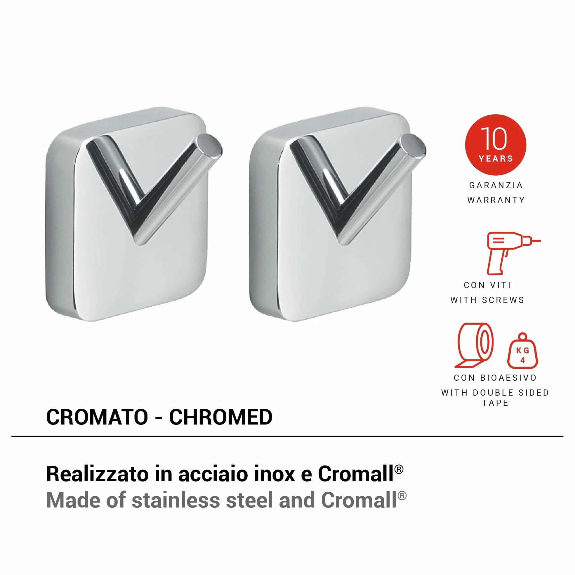 Gedy Tonga 2 Ganci Appendiabiti Bagno da Muro, Acciaio Inox Cromato, Fissaggio Viti o Adesivo