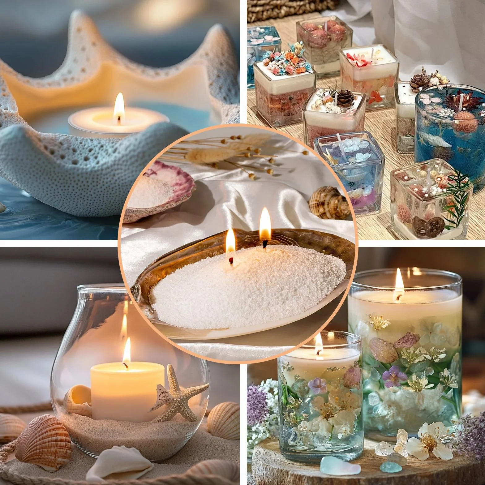 Scent-Hi Sabbia per Candele, Granuli di Cera per Candele, 7 Profumo, 1.1kg, 20 Stoppini, Granulato di Cera per Candele Fai da te - Gelsomino, Lavanda, Rosa, Cedro, Fragola, Limone, Menta