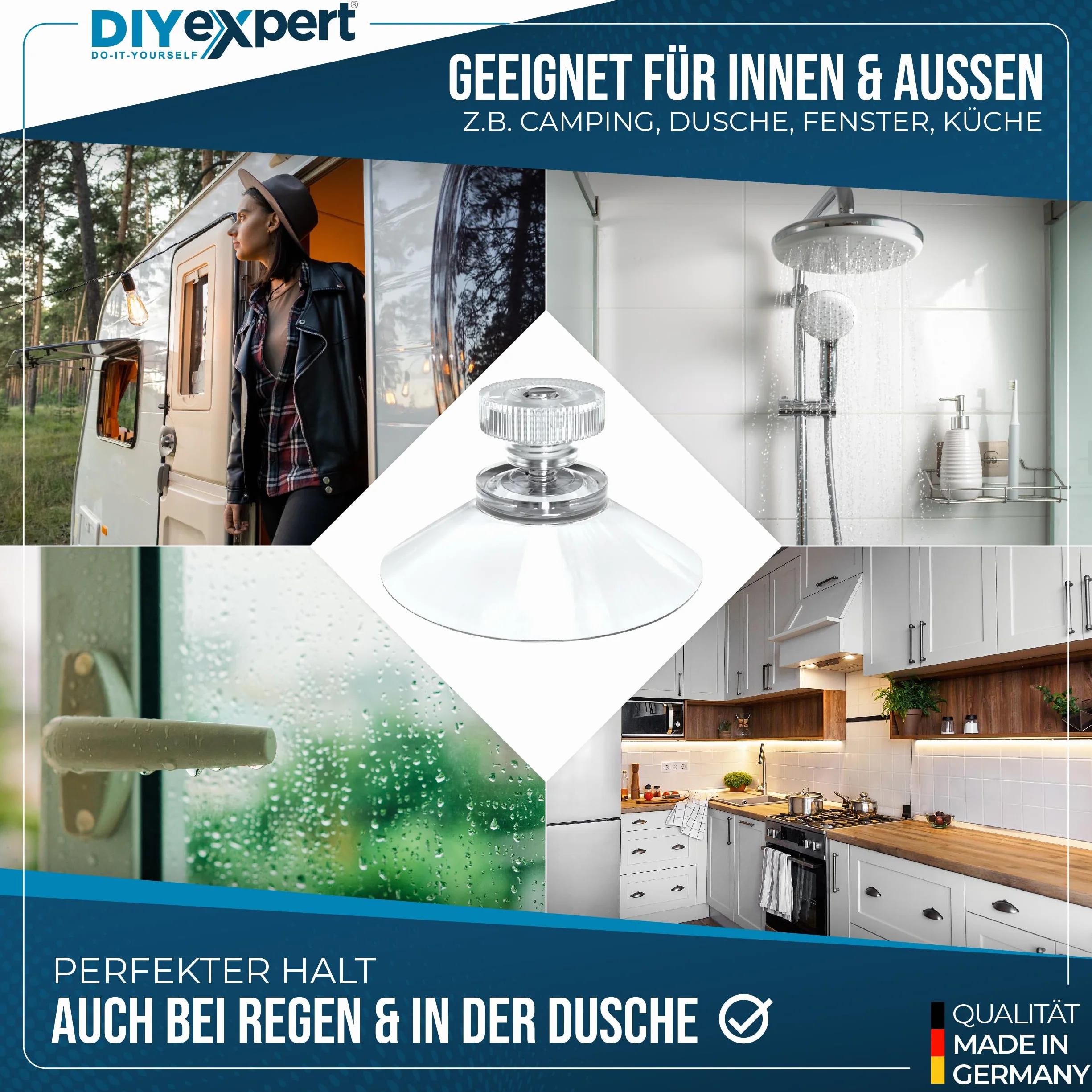 DIYexpert® - Ganci con Ventosa, Diametro 50 mm, con Filettatura M4 x 10 mm, 12 Pezzi, con Dadi zigrinati Trasparenti, Realizzati in Germania