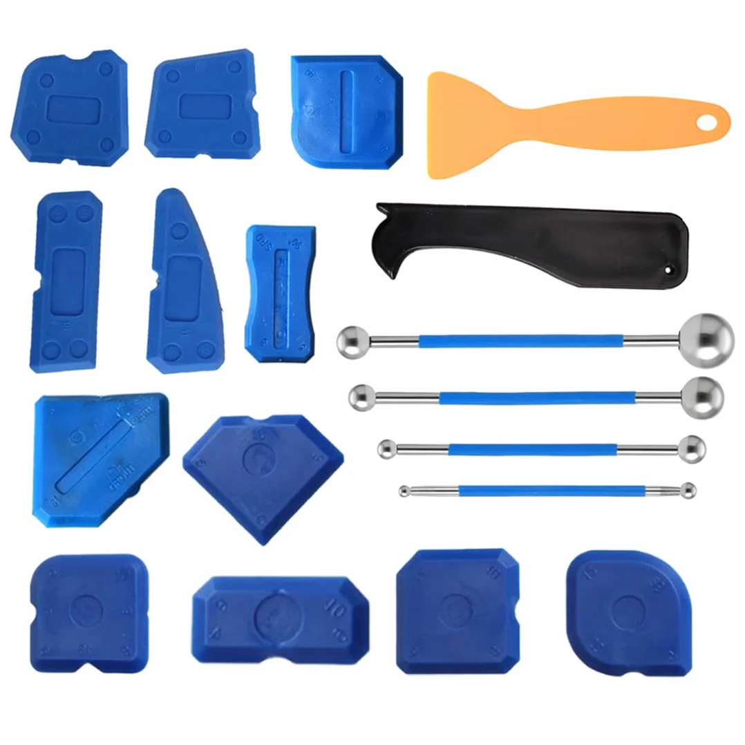 Set 18 Utensili per Sigillatura Piastrelle, 4 Sferette + 14 Spatole, Attrezzi per Piastrelle, per Finitura Fughe, Silicone e Installazione Vetro