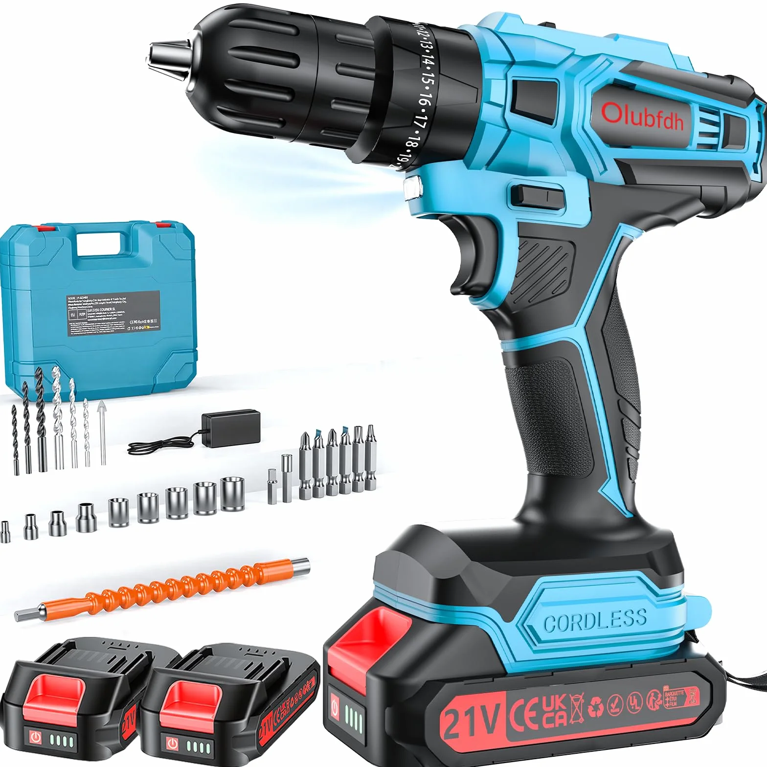 Trapano Avvitatore Batteria 21V, con 2×2000mAh Batterie, coppia 45 Nm max, 25 + 3 livelli di coppia (2 marce e LED) per casa e giardino fai da te (Blu)