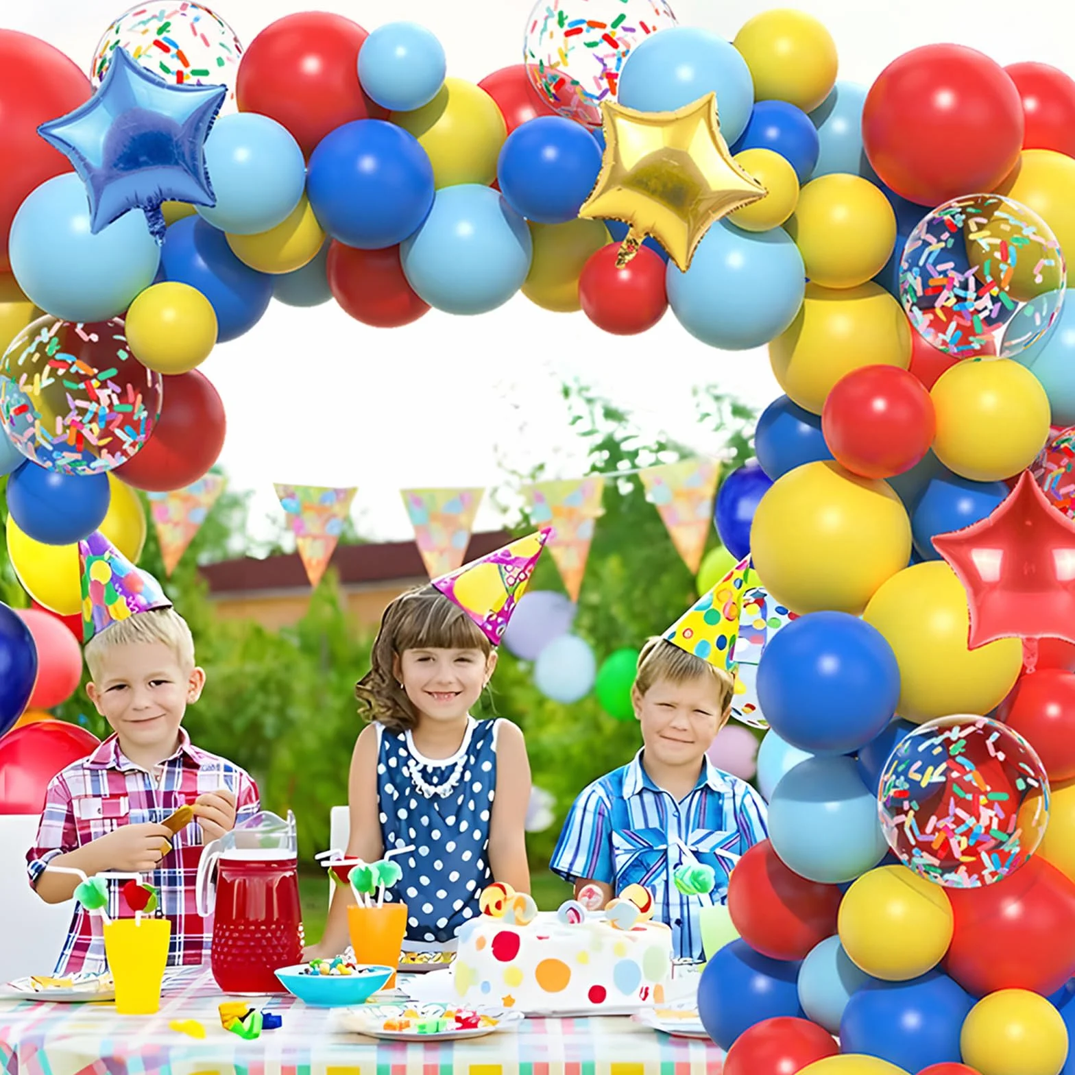 Kit Arco Palloncini Rosso Blu Giallo 106pcs Ghirlanda Palloncini Circo Carnevale con Foil Stella Coriandoli Multicolori