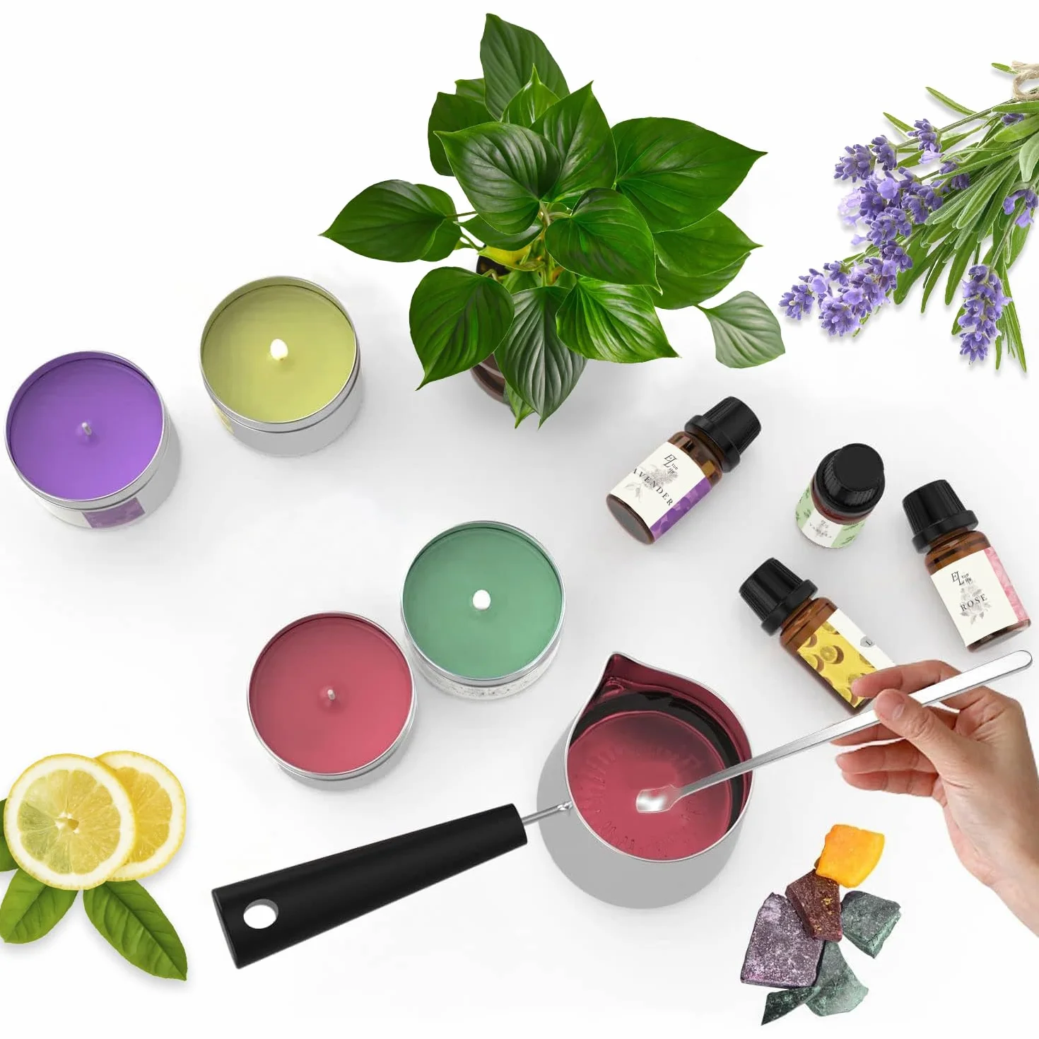 Kit per Fabbricazione Candele,Kit Candele fai da te,Aromaterapia Per La Creazione di Candele,Cera di soia,Creazione di Candele, Crogiolo,Oli Profumati,Scatole Per Candele,Stoppini,Cera Colorante