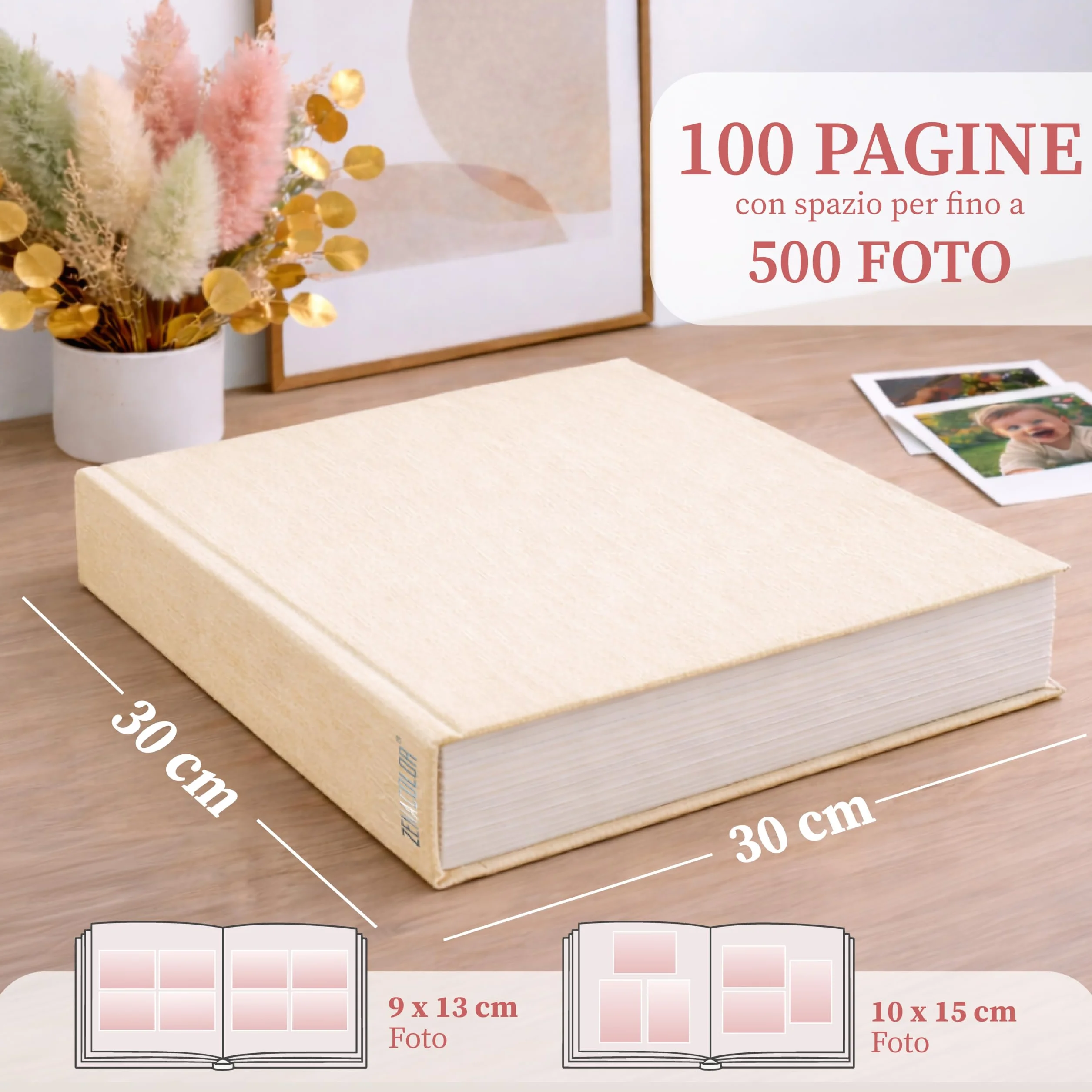 Zenacolor Album Fotografico fai da te - Scrapbook in Lino 30x30cm Beige - 100 Pagine & Spazio per 500 Foto