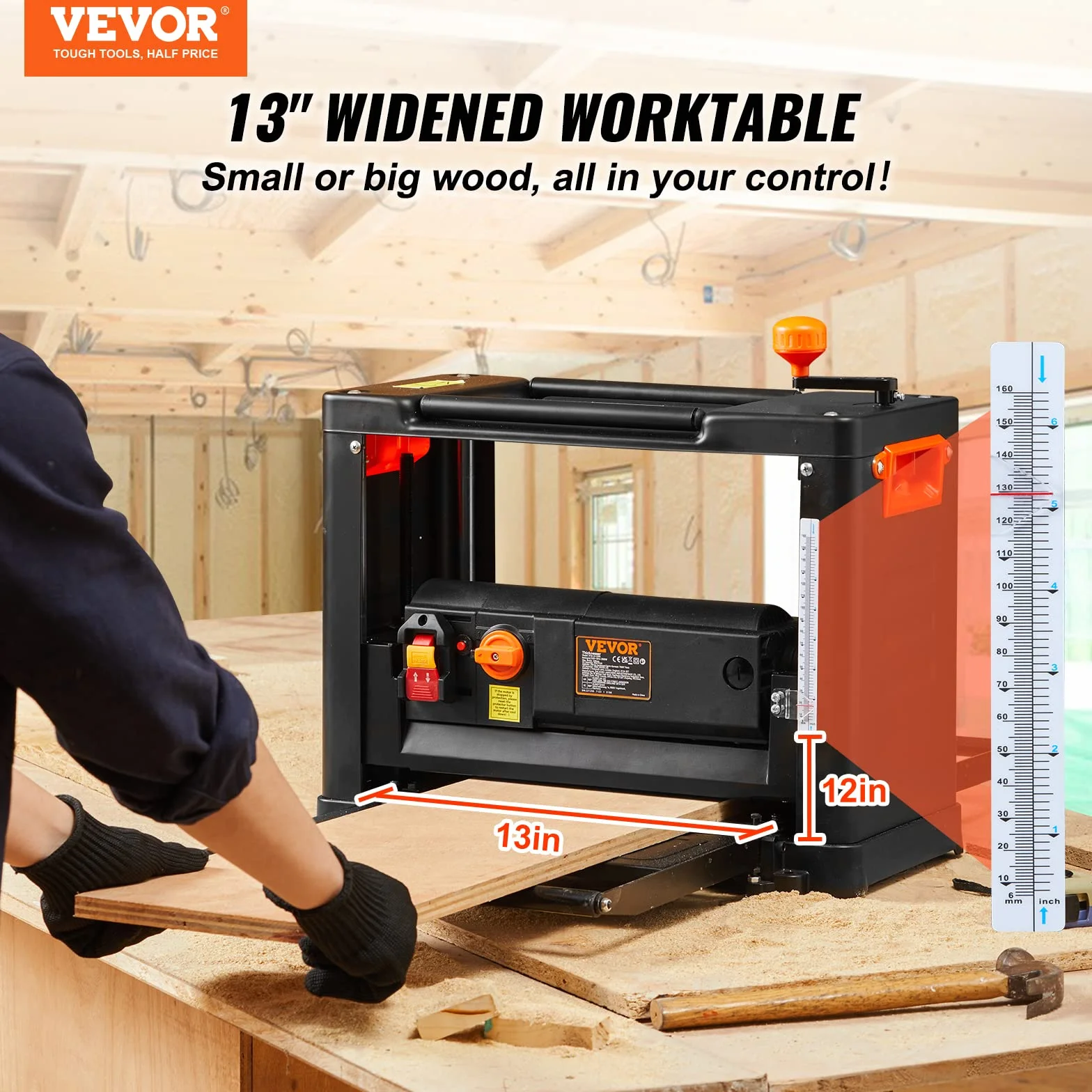VEVOR Pialla a Spessore 2000W per Legno Altezza Regolabile Lama Acciaio al Carbonio, Pialla Filo Spessore da 15A Velocità 23500 giri/min Larghezza max. 33 cm per Lavorazione di Legno da Falegnameria