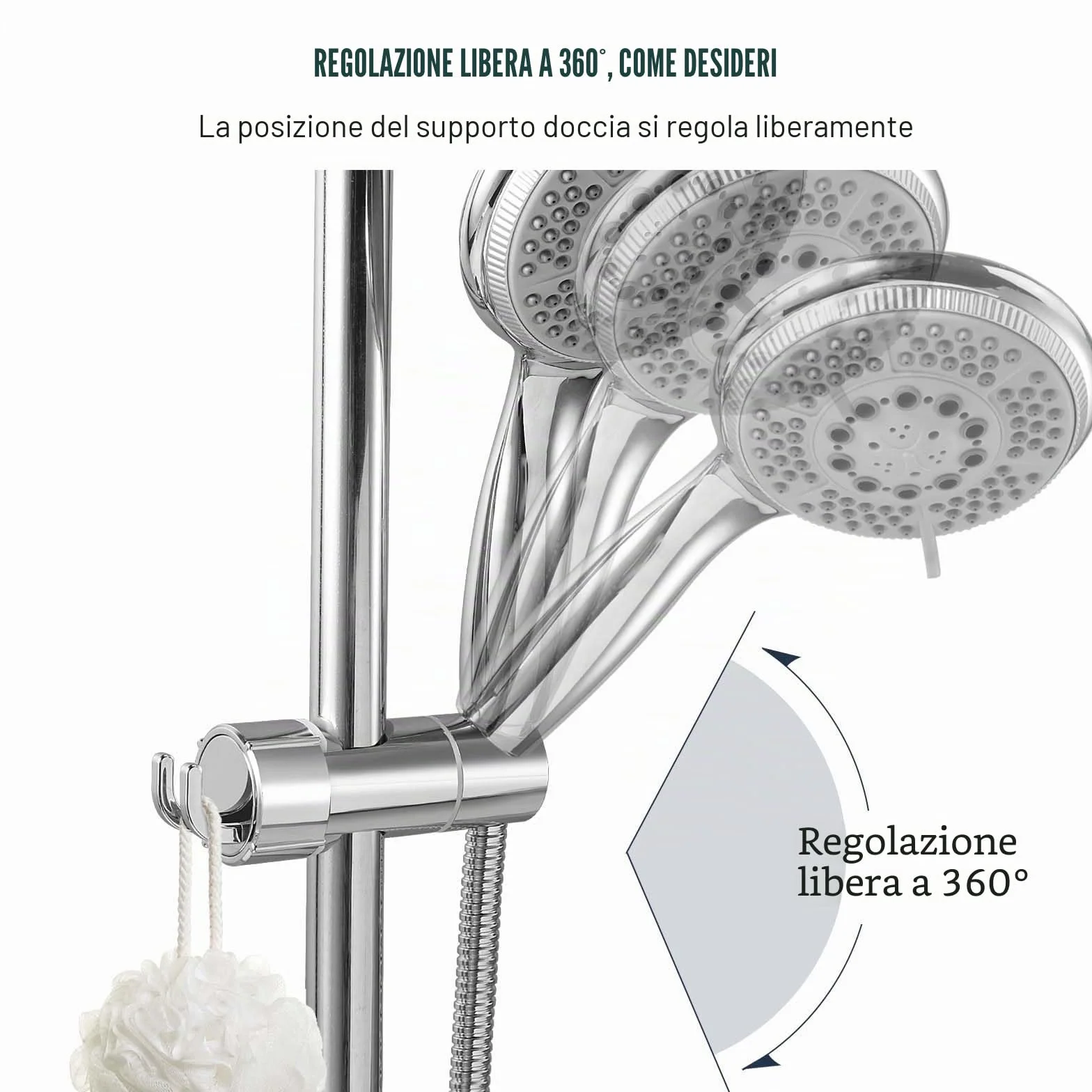Vinabo Supporto Soffione Doccia, Supporto Doccia Senza Foratura, 18-25 mm, Diametro Regolabile, Supporto Doccetta con Gancio, Installazione Semplice
