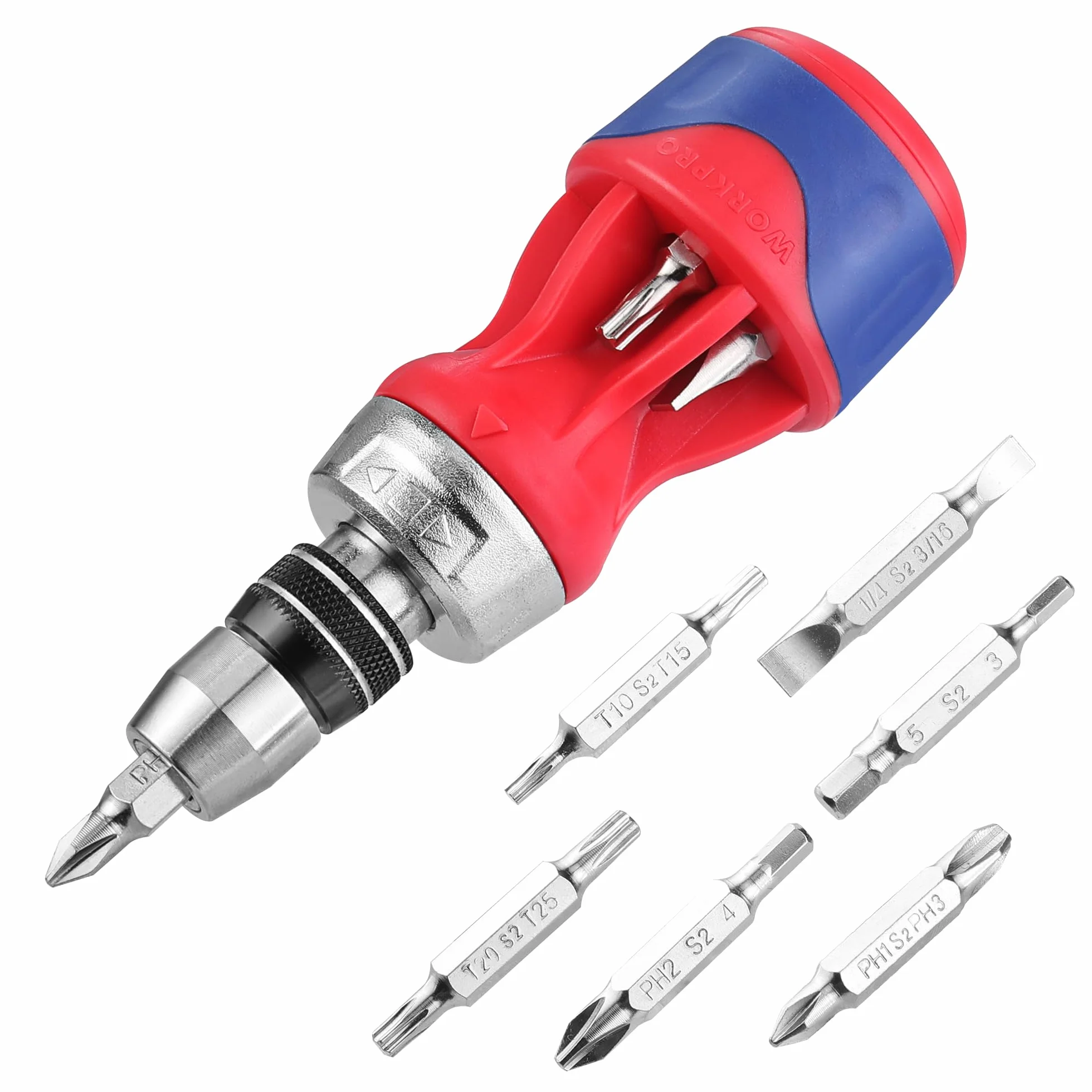 WORKPRO Cacciavite a cricchetto 12 in 1 a più punte tozze, driver a vite corti con meccanismo magnetico, a caricamento rapido, acciaio S2 di alta qualità