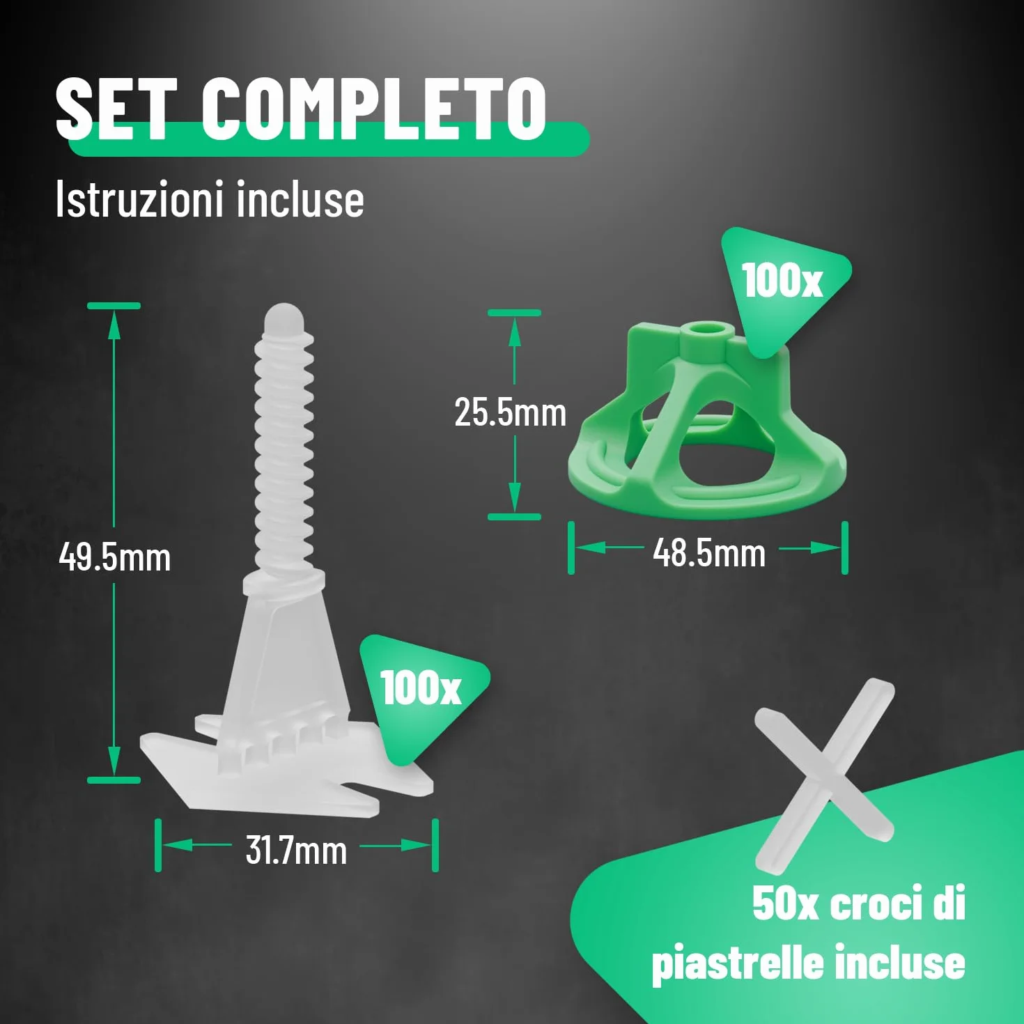 greate Sistema di livellatori per piastrelle da 250 Pezzi 2mm - Set per la Posa con 100 Clips, 100 Cappucci a Vite e 50 Crocette per piastrellisti - distanziatori per piastrelle 2 mm