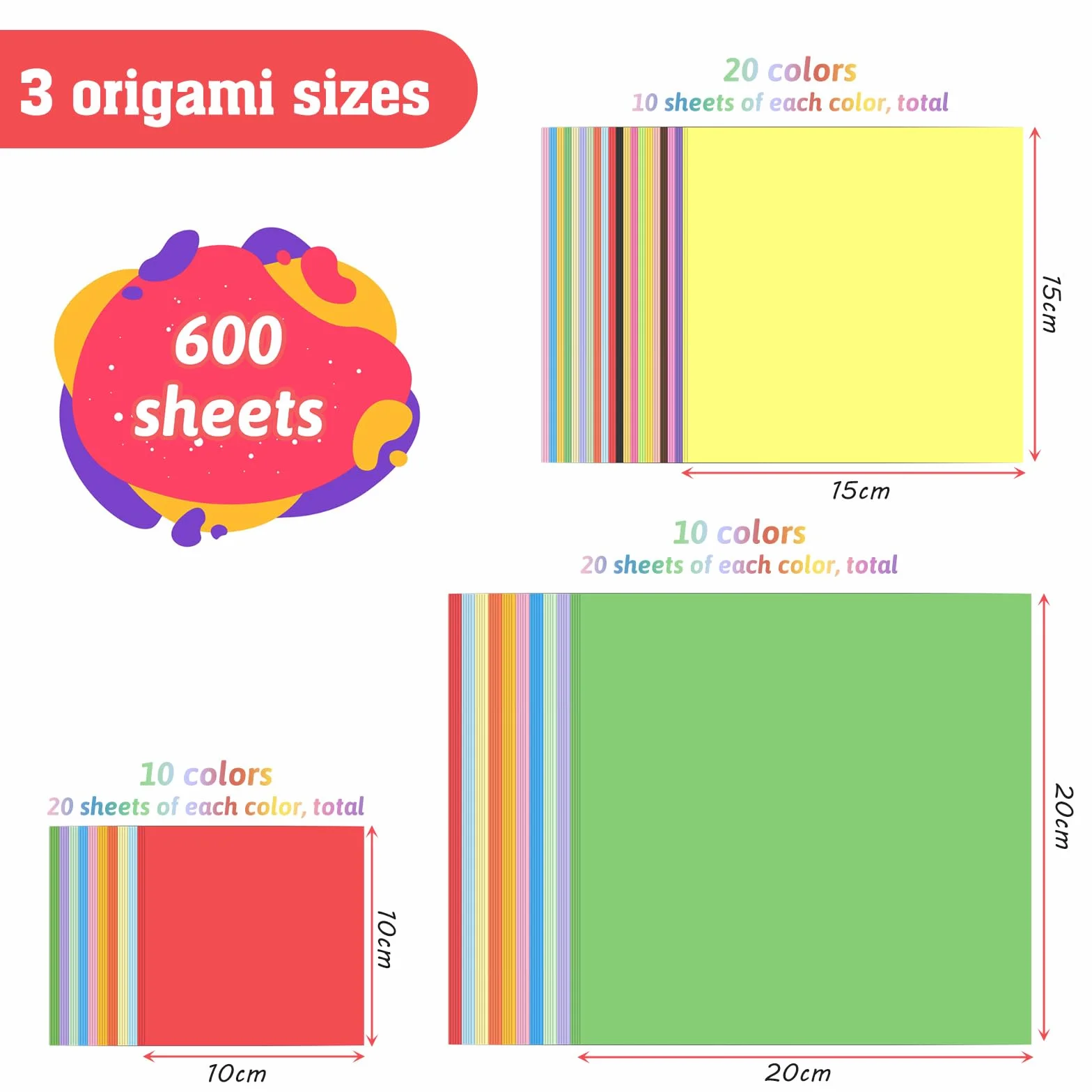 Carta Origami 600 fogli 20 colori 20x20 cm 15x15 cm 10x10 cm Double Face Set Fai da Te