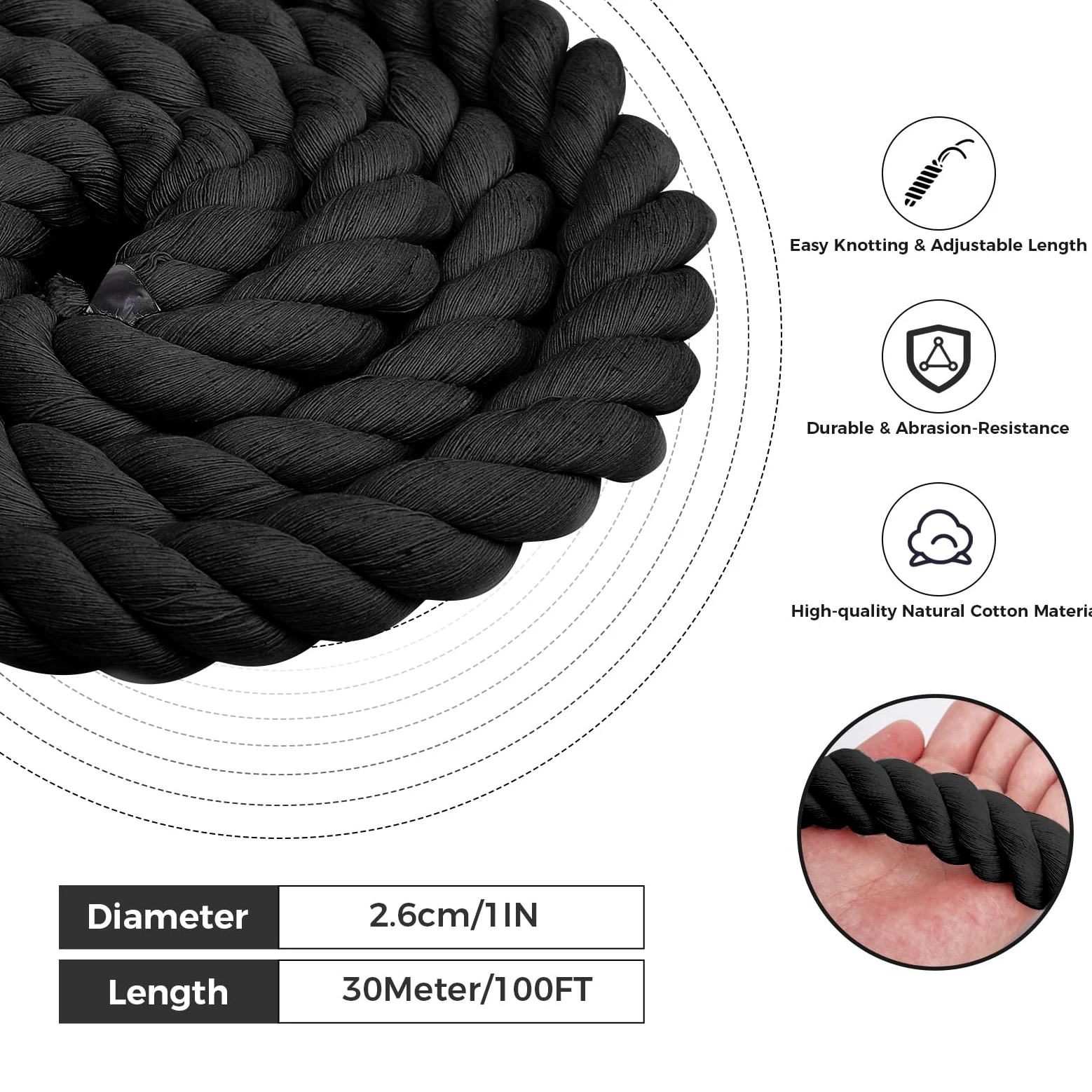 Corda in cotone naturale (2,5 cm x 30,5 m), corda in cotone intrecciato a 3 fili, corda nera spessa naturale, corda morbida per artigianato fai da te, decorazione per giocattoli per animali domestici,