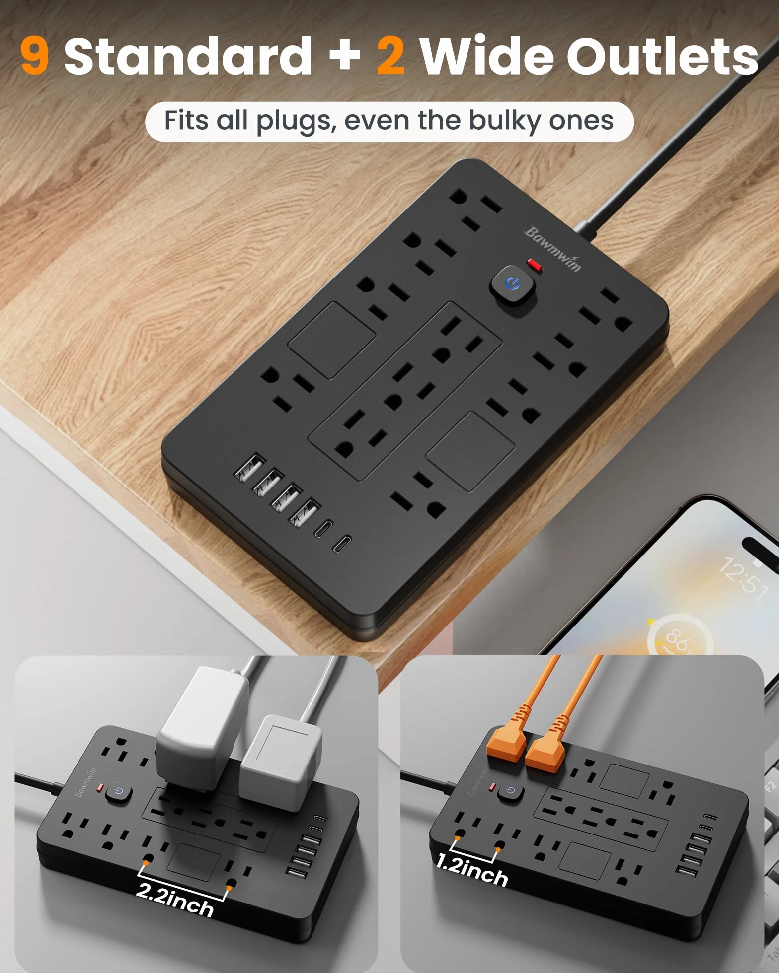 Ciabatta con protezione contro le sovratensioni, 11 prese (1850 W/15 A) con 6 porte USB (2 USB C), cavo di prolunga piatto da 1,8 m, montaggio a parete, nero