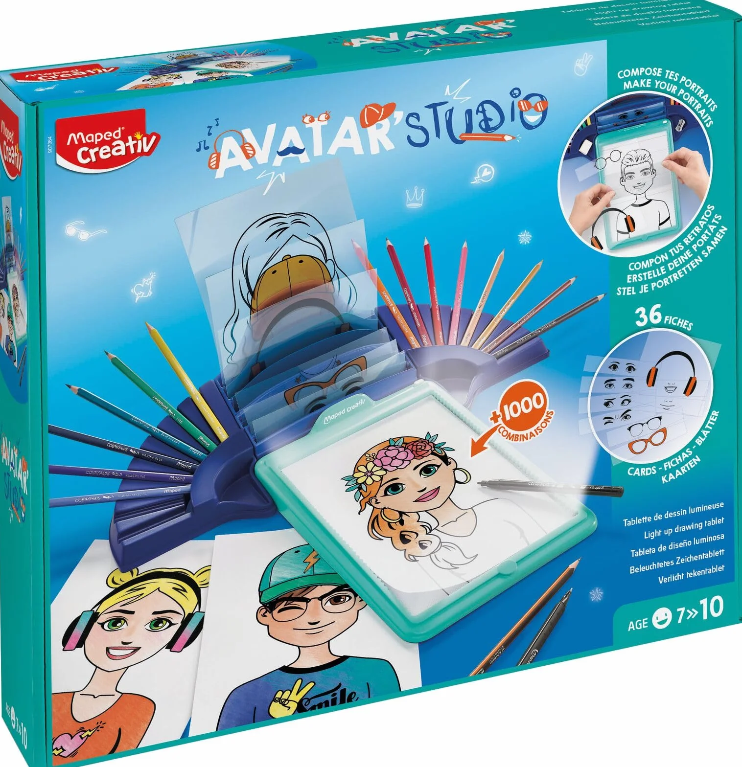 Maped - Artigianato per bambini - Avatar Studio - Collezione Creativ - Scatola luminosa da colorare - Include macchina da disegno con luce e 36 modelli per calcare - Calca e colora avatar