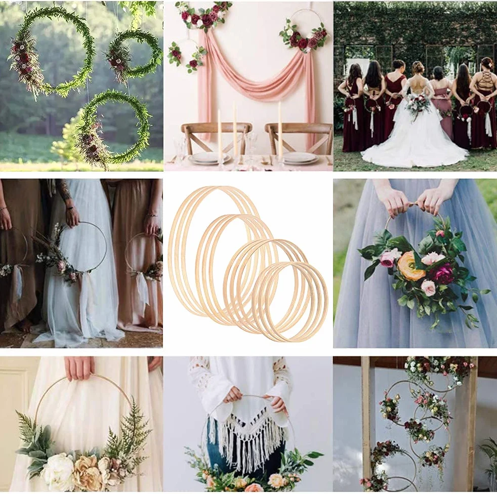Queta 12 anelli in legno di bambù con motivo floreale in macramè, 4 misure, per decorazione fai da te
