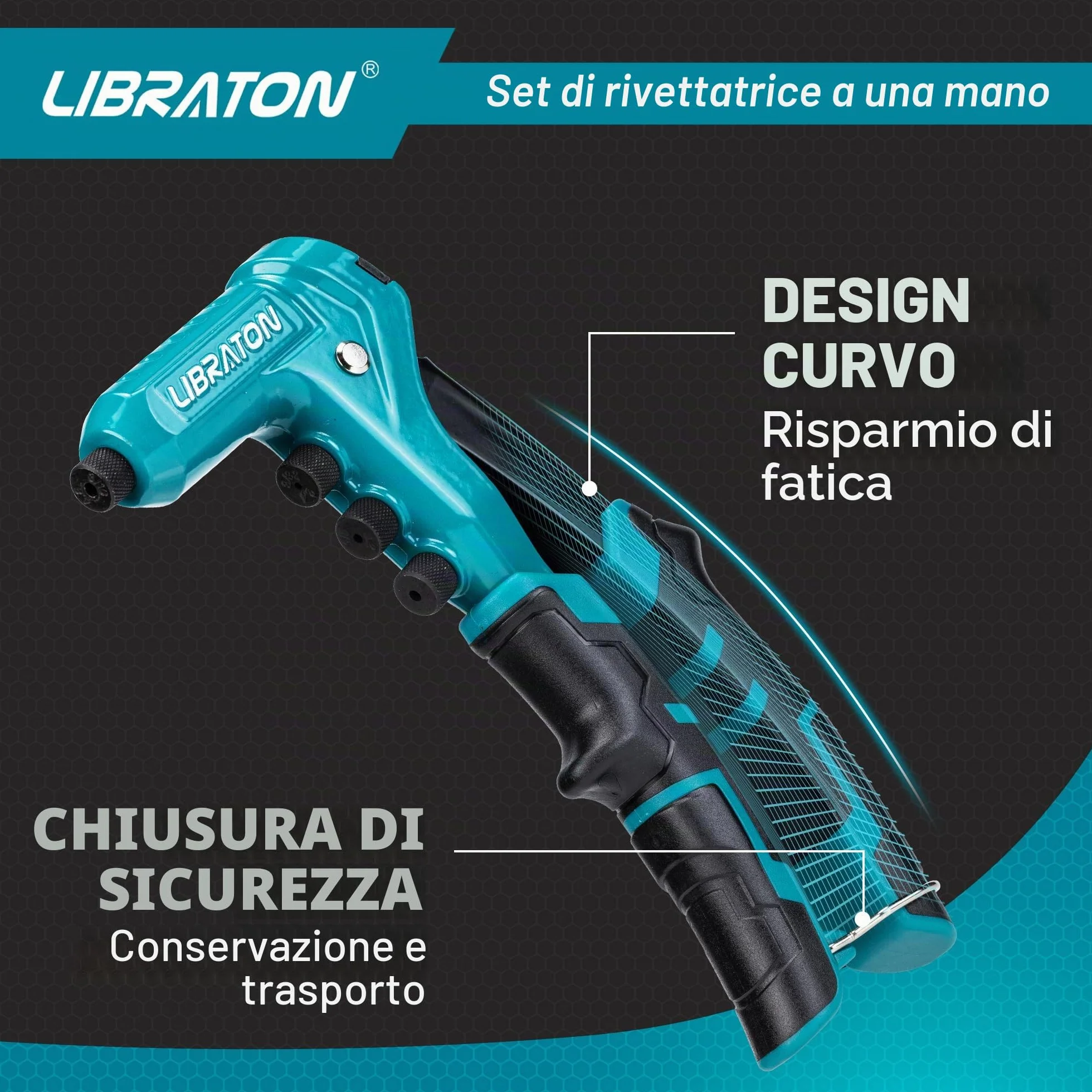 LIBRATON Rivettatrice Manuale Professionale con 200 Rivetti in Alluminio 4 Punte 4 Teste 2,4-4,8mm