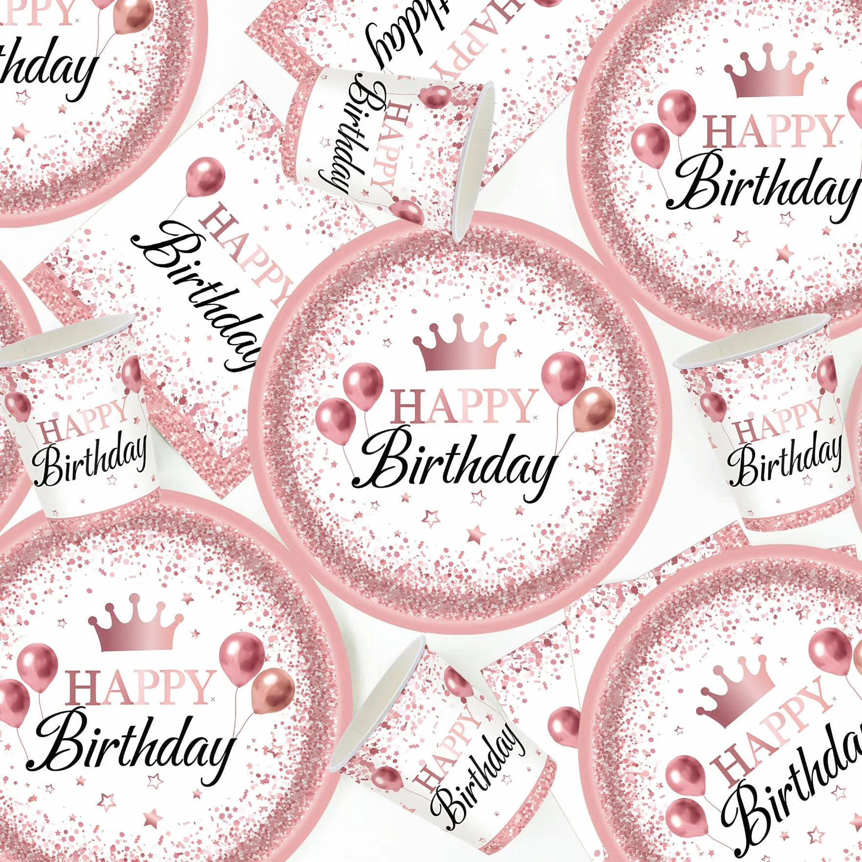 Happy Birthday Set per feste 16 ospiti Oro rosa Piatti bicchieri tovaglioli compleanno