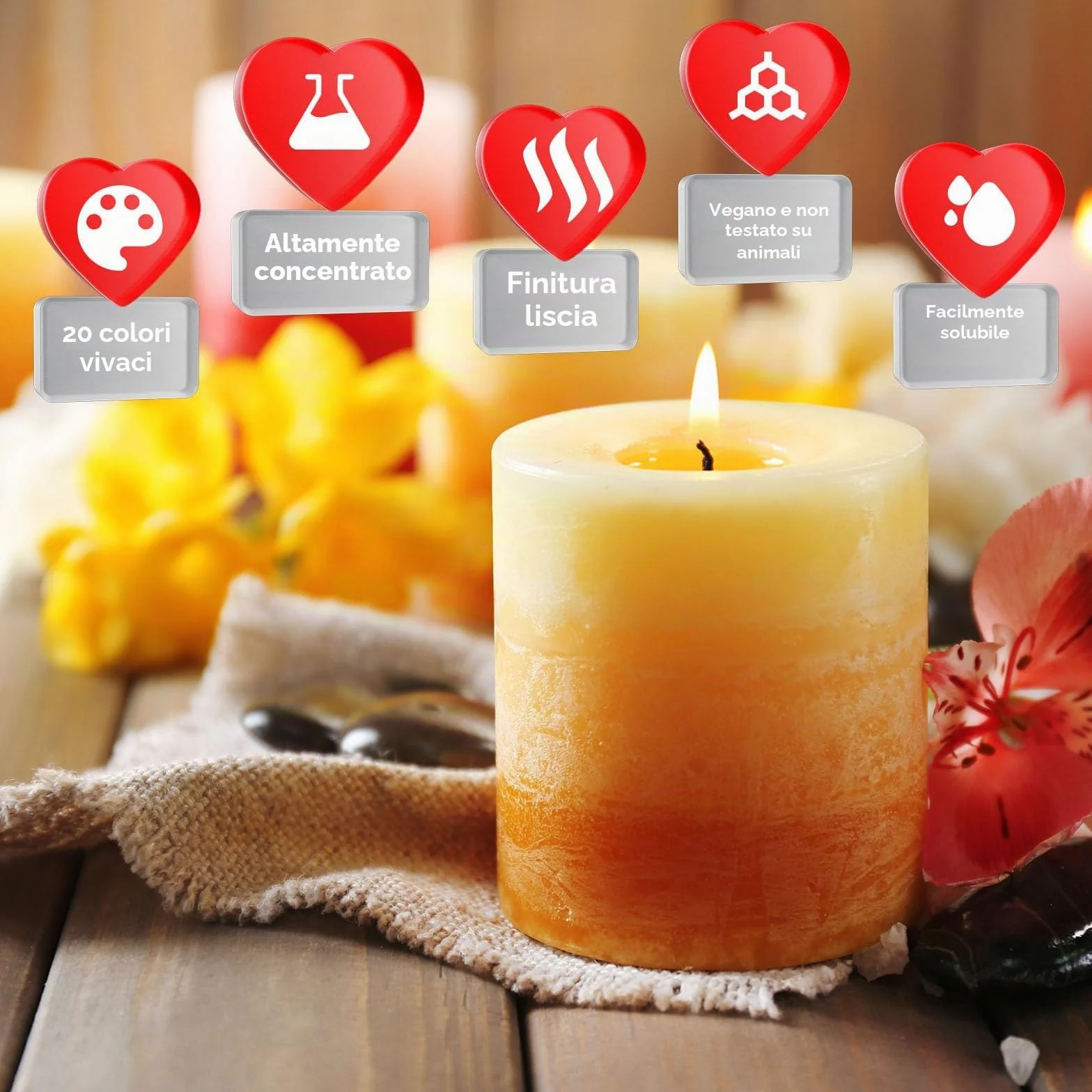 Coloranti per Candele 20 Colori x 5 g, Fai Da Te per Cera Di Soia, d'Api, Di Palma, con Stoppino Da 20 Pezzi