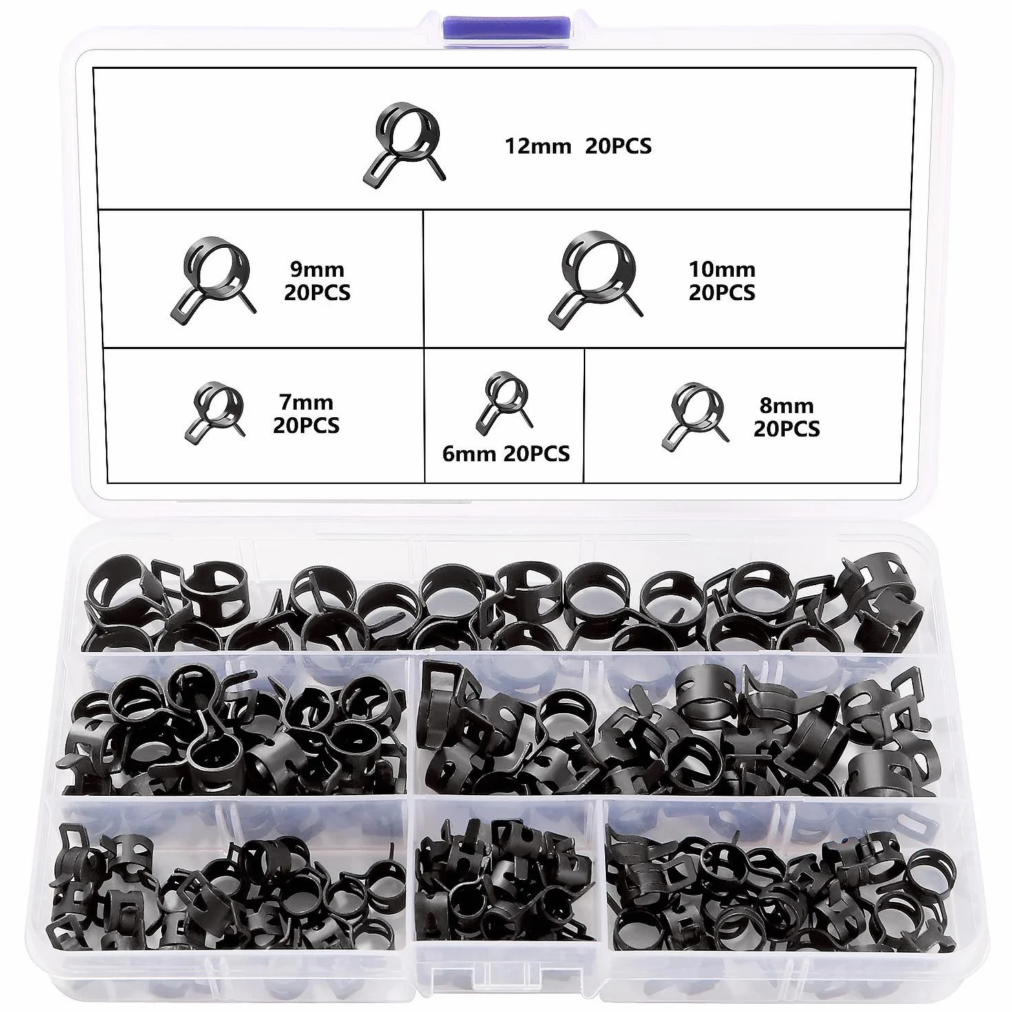 YIXISI 120 Pezzi 6/7/8/9/10/12 mm Clip Fascette Stringitubo a Molla, Fascette per Tubi Carburante, Morsetti per Tubi Flessibili, Tubo dell'Acqua Tubo dell'Aria Fascetta per Tubo di Vuoto, Nero