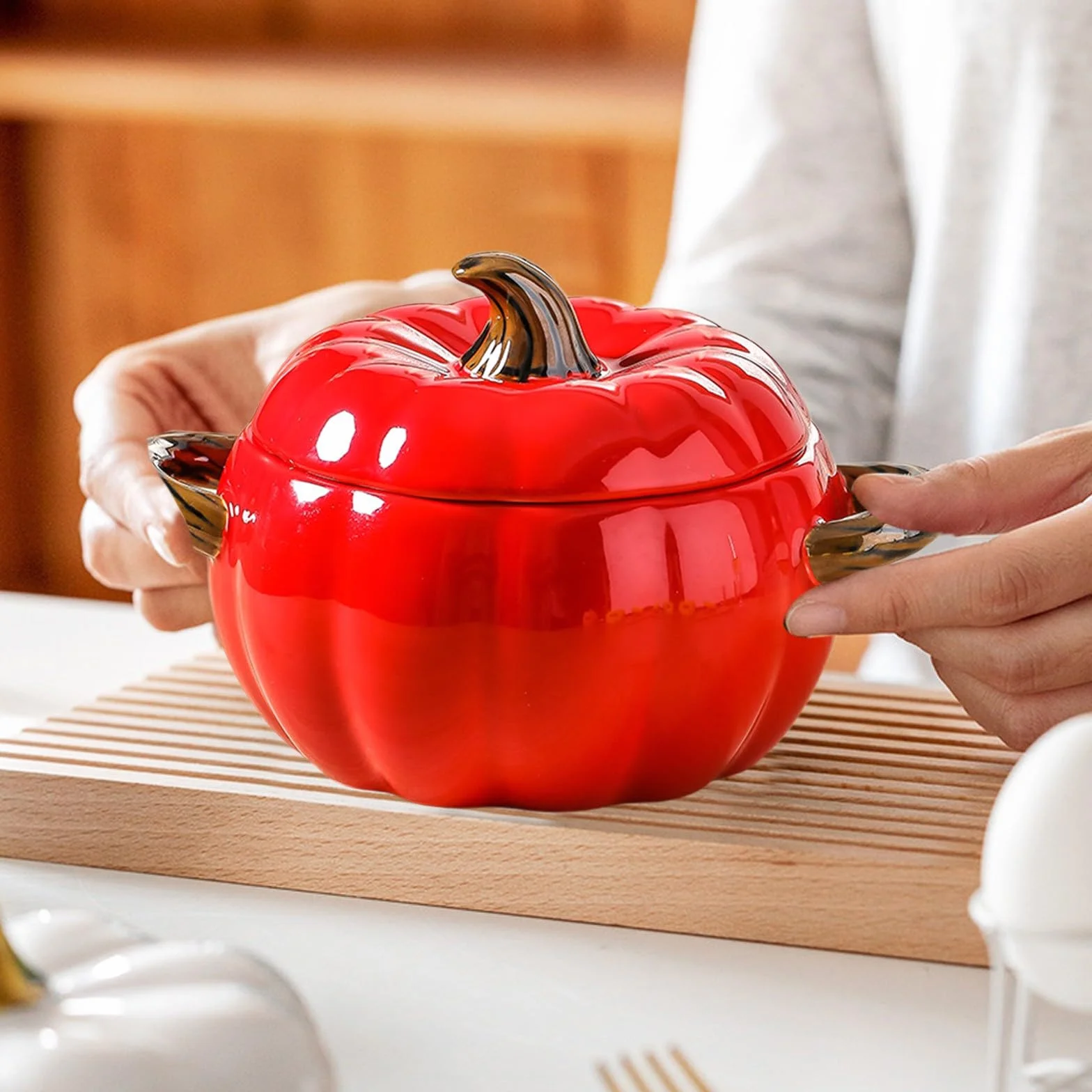 Casseruola in ceramica a forma di zucca, adorabile ciotola di zucca, antiaderente, con coperchio, utensili da cucina in porcellana, stoviglie di ringraziamento di Halloween (rosso)