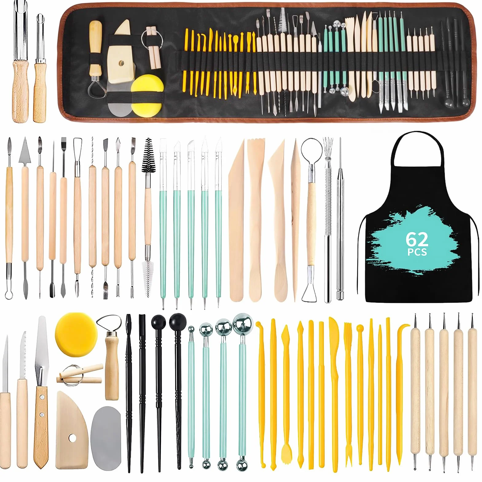 62 Pezzi Strumento per Modellare l’Argilla,Strumenti Argilla,Attrezzi Ceramica,Sculpting Tool con Sacchetto di Stoccaggio,Kit per Modellazione, per Scultura in Argilla Utensili Ceramiche