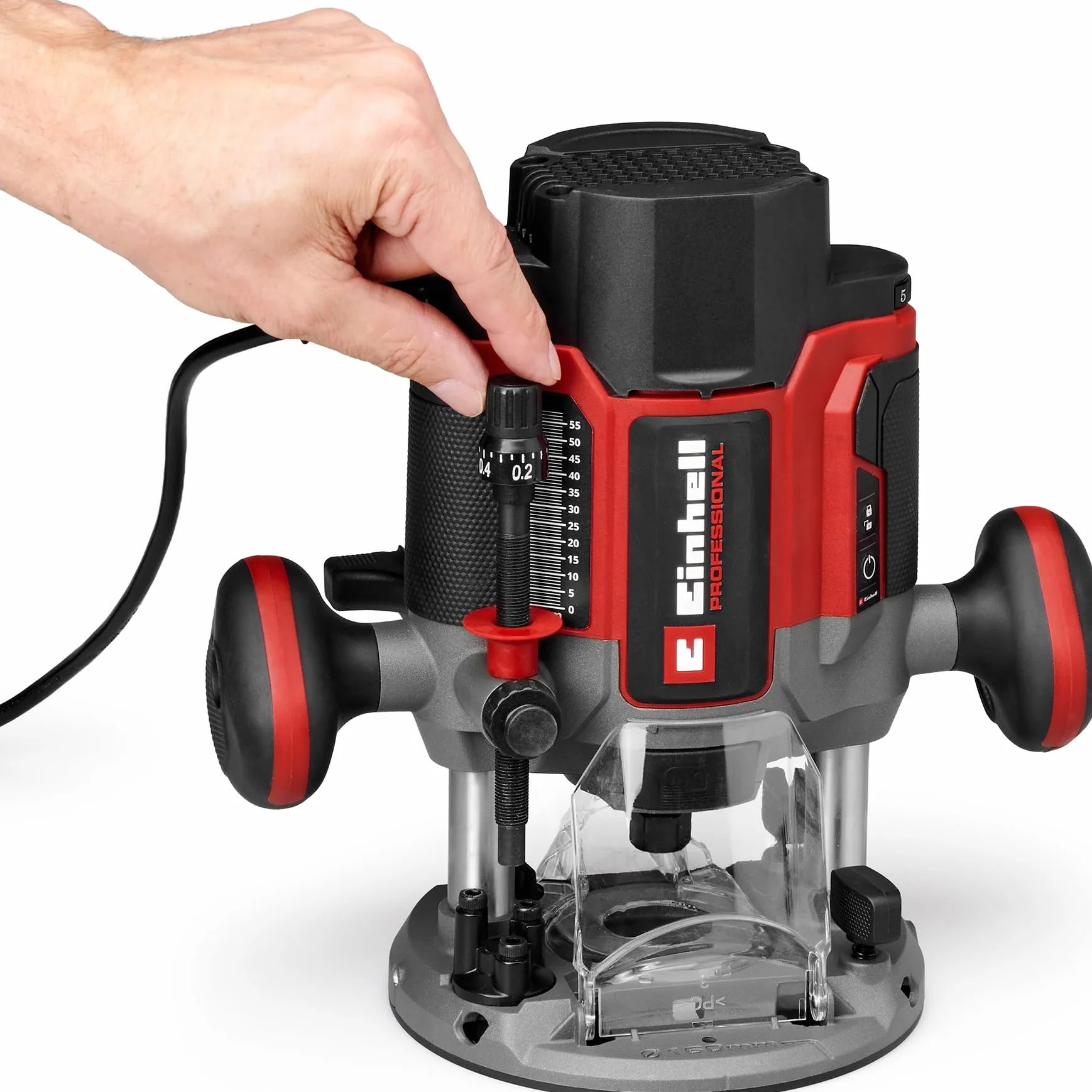 Fresatrice Einhell Professional TP-RO 1400 E (1400 W, altezza di soll. 55 mm, pinze di serraggio Ø 6 e 8 mm, luce a LED, incl. Guida parallela, punta del compasso, manicotto copiatore e utensile)