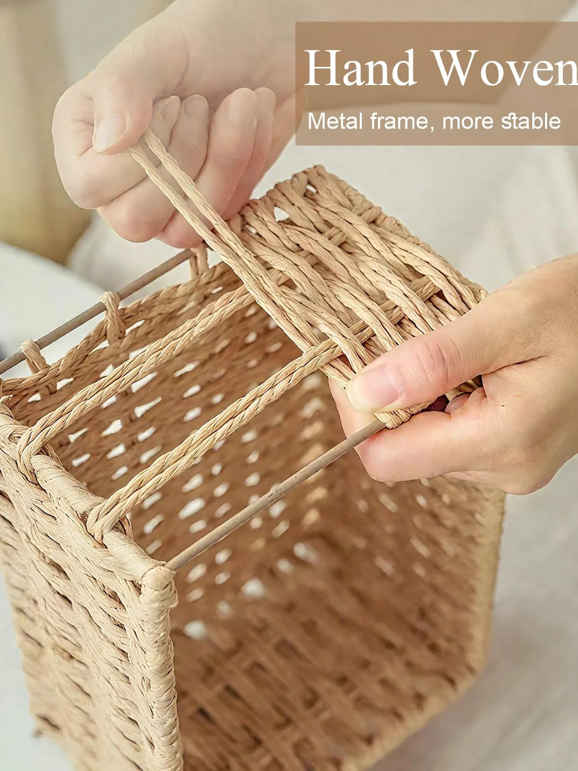 Set di 3 Cestini in Vimini Floreali Intrecciati a Mano, Beige, Cestini Portaoggetti per Organizzare e Decorare