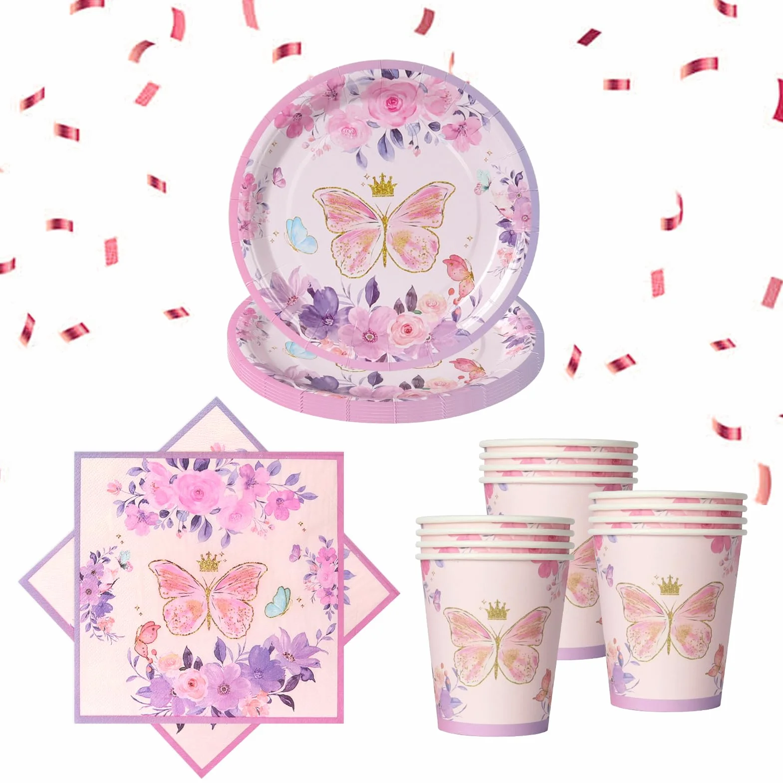 Set 52 pezzi tema farfalle lavanda piatti bicchieri tovaglioli decorazione compleanno motivi floreali 16 ospiti