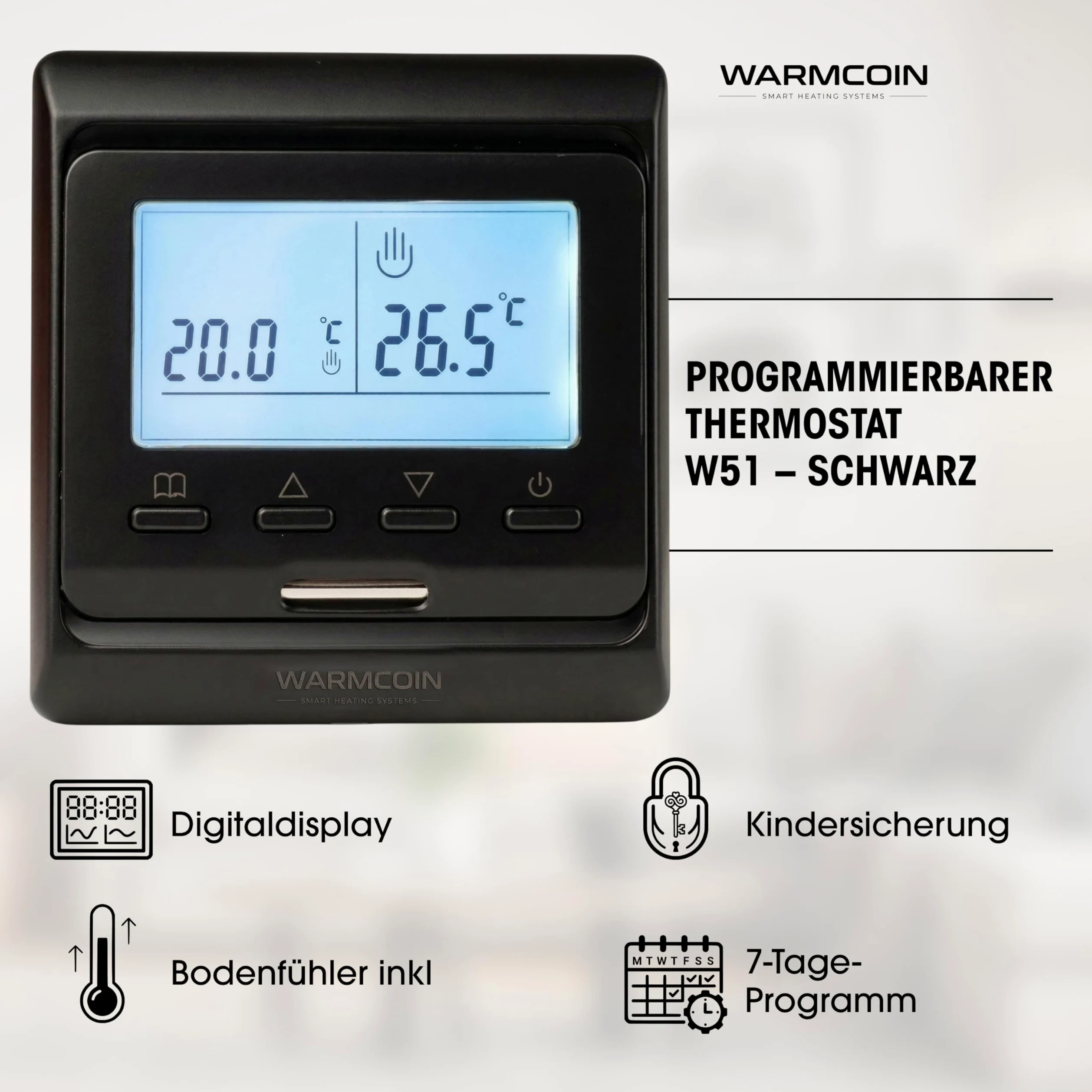 Kit Riscaldamento a Pavimento Elettrico 160W/m² – Stuoia Autoadesiva 1,0 m² (0,5x2m) – Piastrelle, Laminato, Vinile – Con Cronotermostato LCD Programmabile W51 Nero