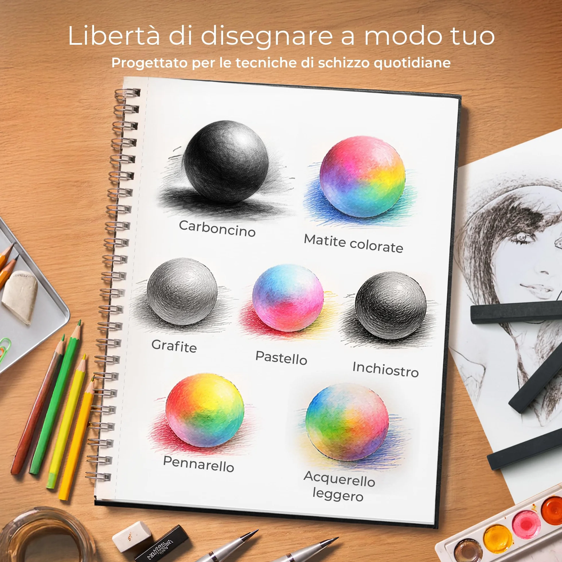DIYIDEA Album da Disegno A4 200 g/m² – 100 Pagine, Spirale con Copertina Rigida – Blocco Disegno per Matita, Carboncino, Grafite e Pastello