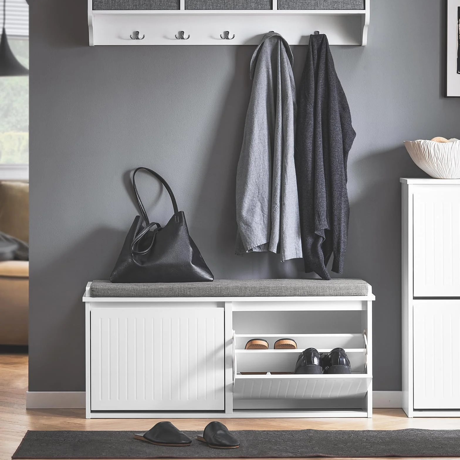 SoBuy Panca Scarpiera da Ingresso - Scarpiera Salvaspazio Slim in Legno, Panca Contenitore per 8-10 Paia di Scarpe, 155kg di Carico, Bianco, 100x26x46cm, FSR98-XL-W