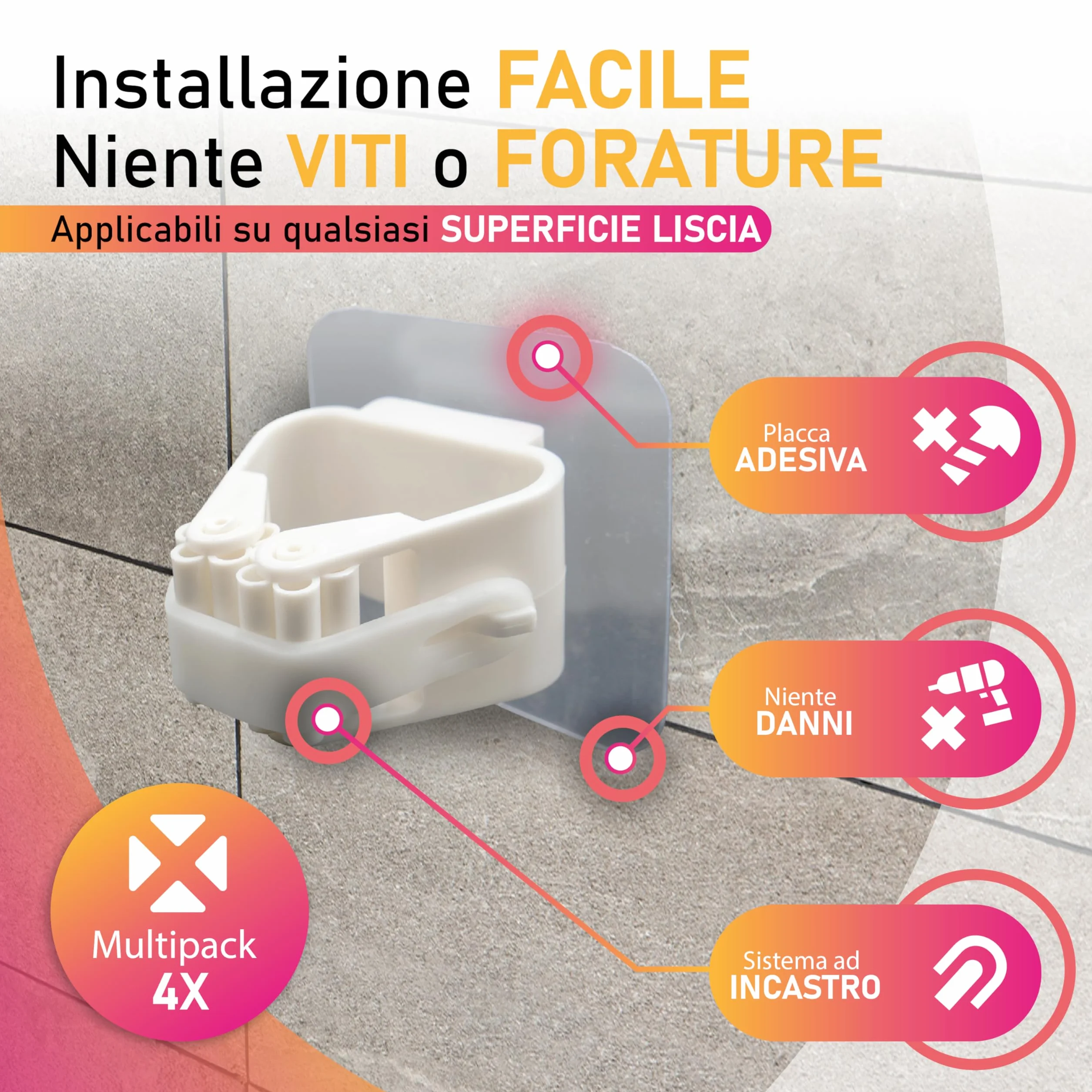 Generico Porta Scopa Adesivo Ultra Resistente da Parete (Set 4) – Ganci Senza Fori per Scope e Mop – Supporto Porta Scope Cucina, Bagno e Garage – Impermeabile, Antiscivolo con Fissaggio Forte