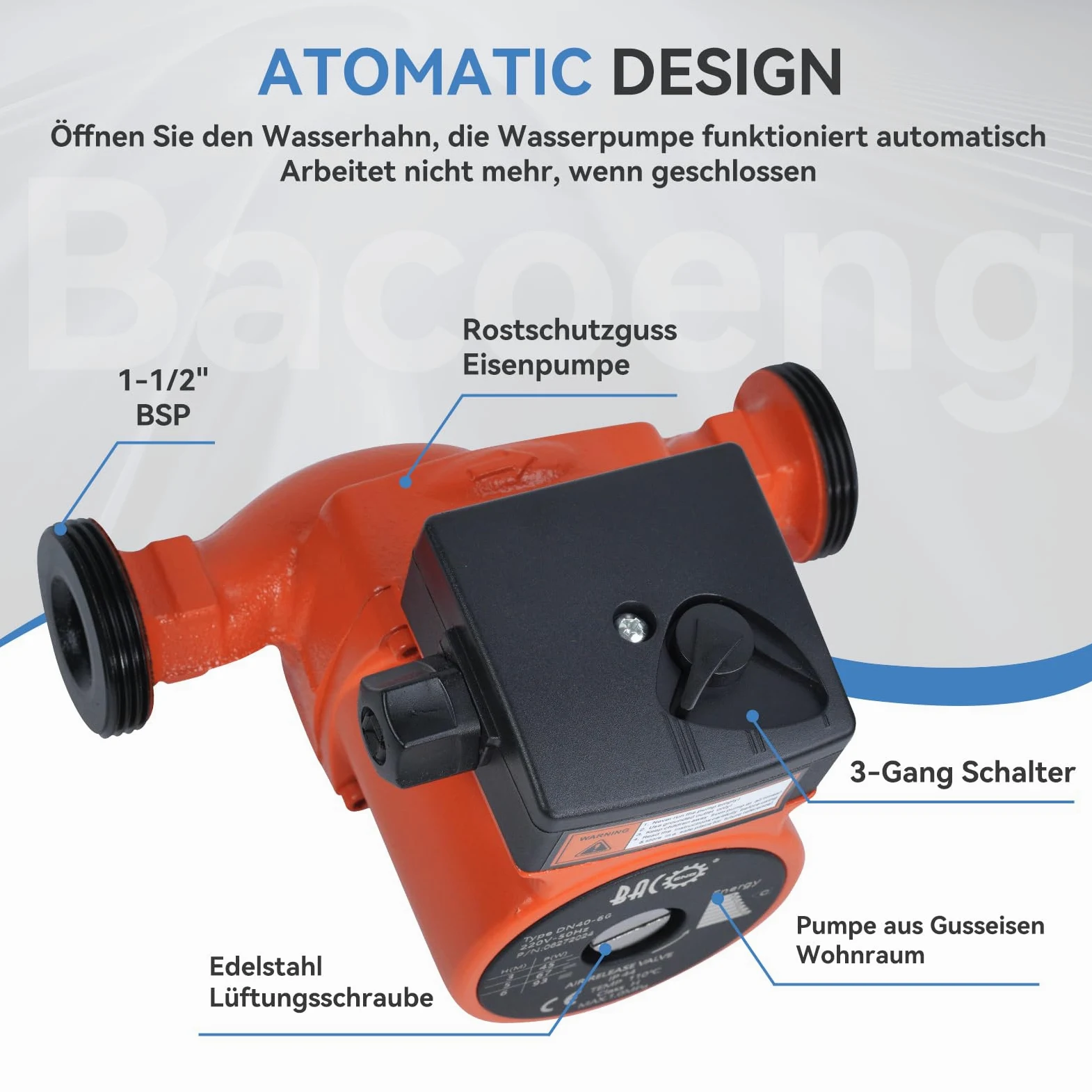 BACOENG Pompa di riscaldamento RS 25/6-180, pompa di riscaldamento 230 V/50 Hz, colore arancione