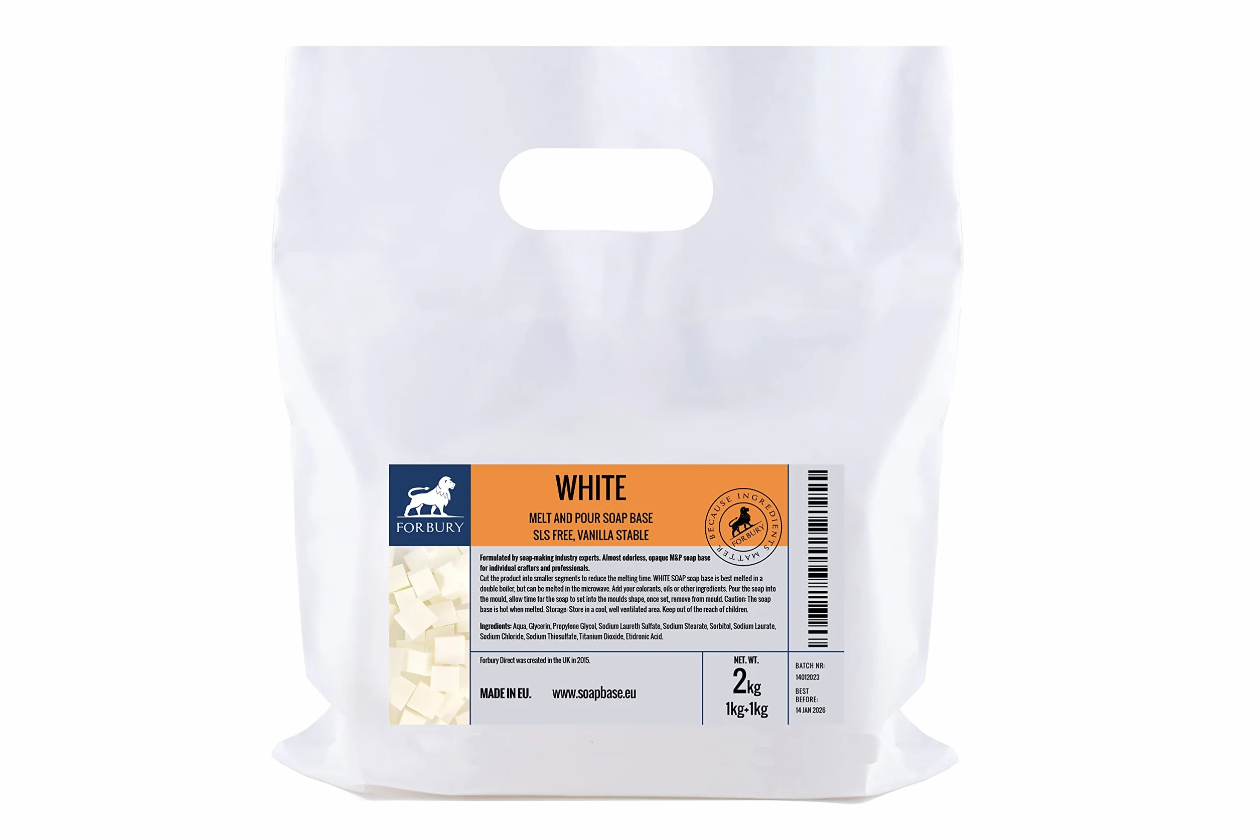 2kg (1kg + 1kg) Base Per Sapone blanco senza SLS, Forbury White Opaque Soap Base