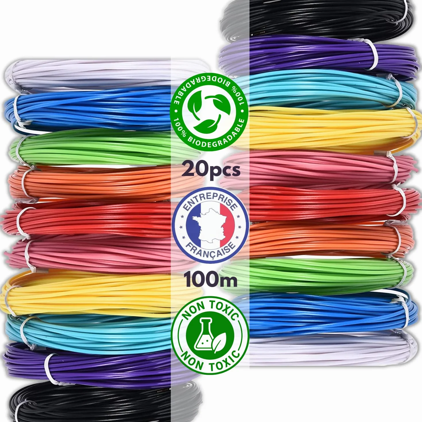 ABBICREA Set di 20 ricariche di filamento PCL per penna 3D a bassa temperatura - PCL 1,75 mm - Sicuro biodegradabile senza sostanze tossiche nocive - 2x10 colori da 5m - penna per stampa 3D