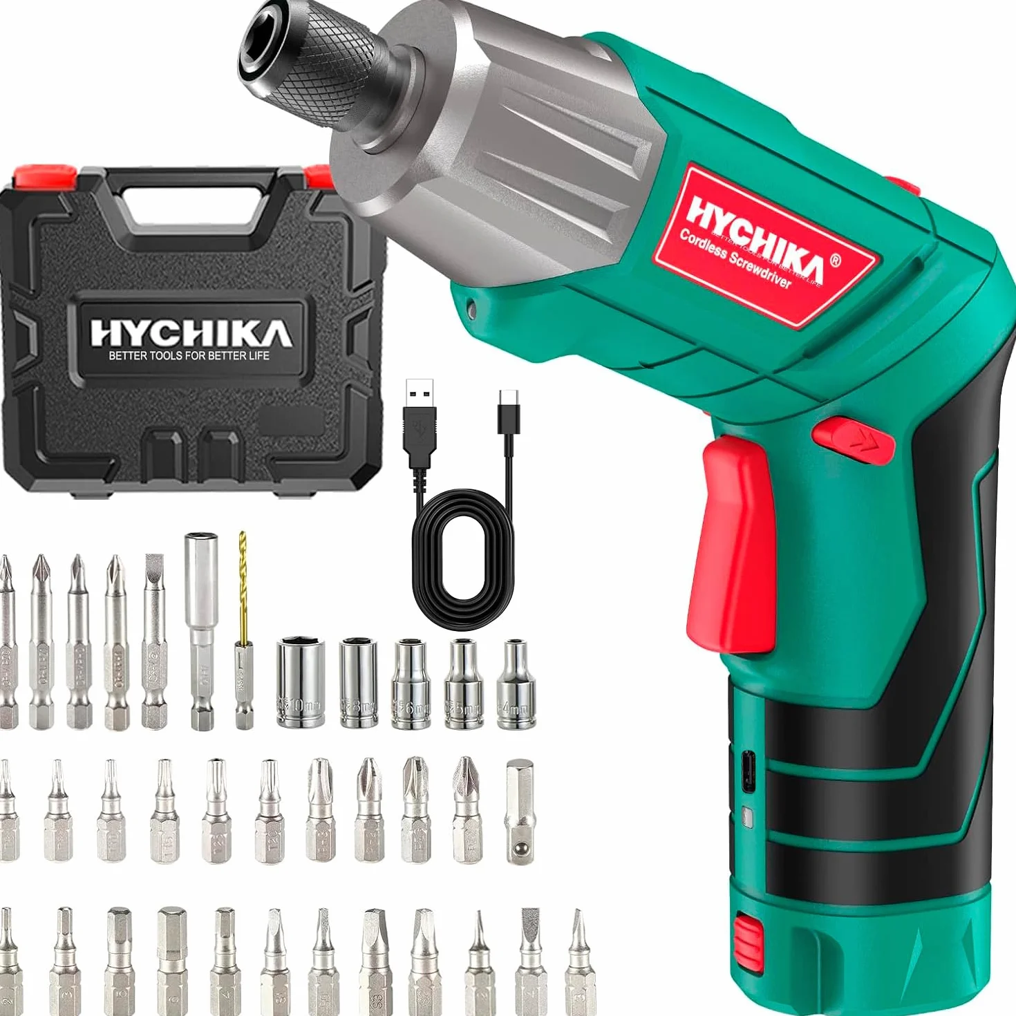 HYCHIKA Avvitatore a Batteria 6Nm, Cacciavite Elettrico 3.6 V 2.0 Ah, Avvitatore Elettrico, Luce a LE, Cavo di Ricarica USB, 35 Accessori, Custodia
