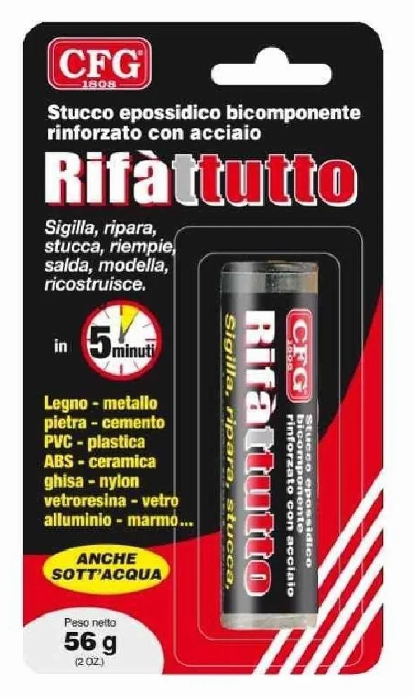 CFG - RIFATUTTO STUCCO EPOSSIDICO BICOMPONENTE RINFORZATO CON ACCIAIO AGISCE IN 5 MINUTI PER TUTTI I TIPI DI MATERIALI