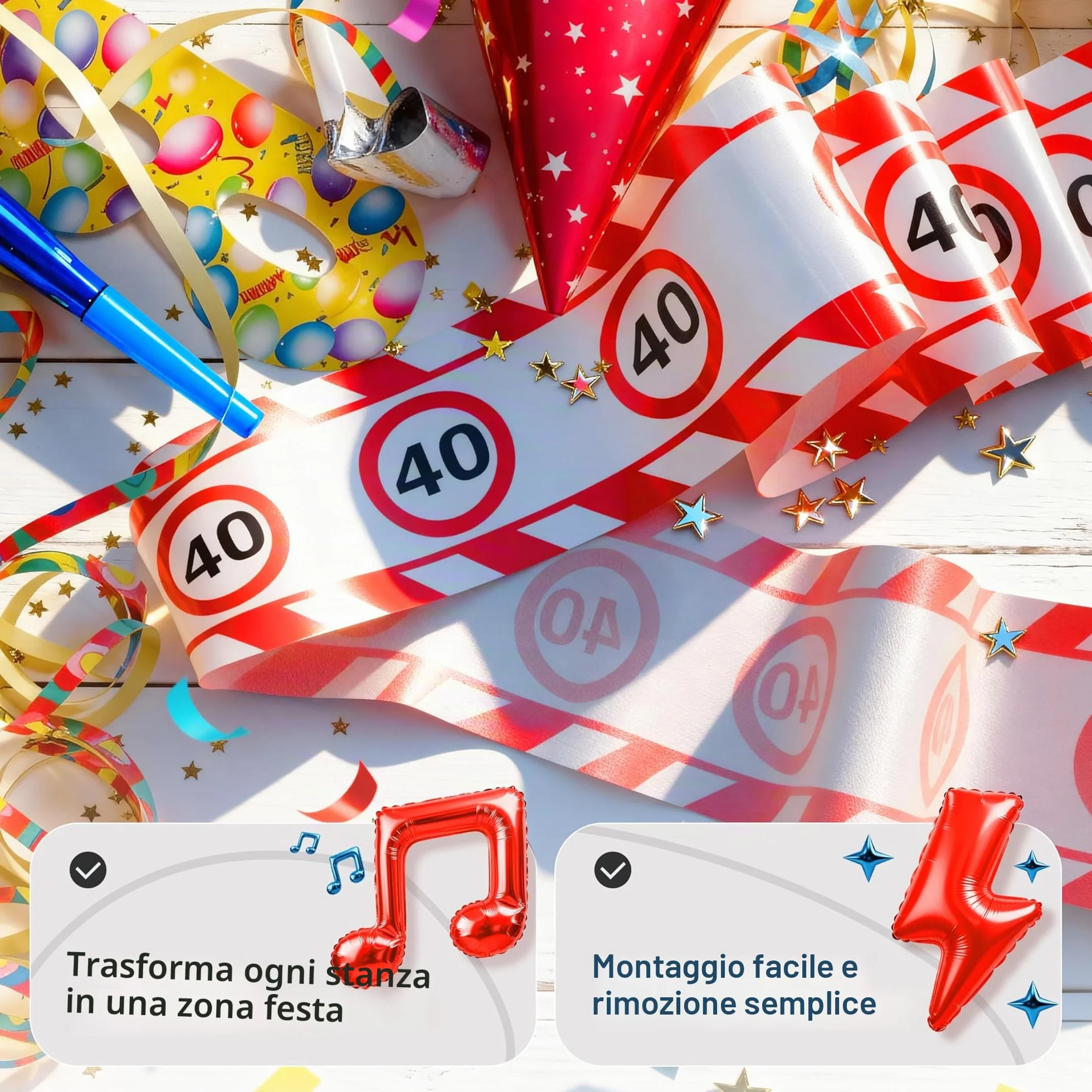 Nastro di Delimitazione Rosso e Bianco Decorazioni Compleanno 40 Anni con Segnali Stradali