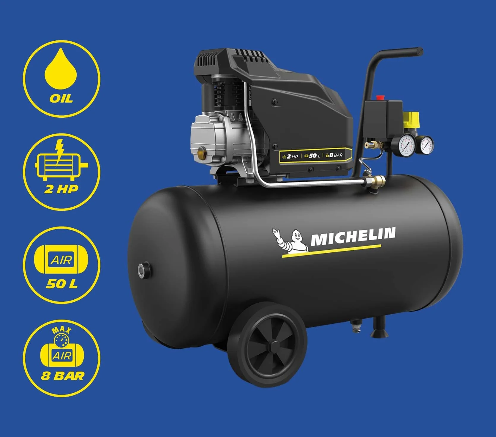 MICHELIN, Compressore d’Aria MX POP AIR 50-2 L, Serbatoio 50 Litri con Ruote, Motore da 2 hp, Pressione Massima 8 bar, Portata d’Aria 195 l/min