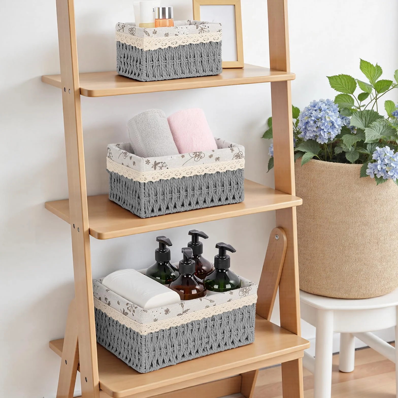 Cestini Portaoggetti, Set di 3 Cestini Portaoggetti Bambini Cesto Cestino porta Giocattoli Cestino da Bagno Cesto Vimini Corda di Carta Cestino Porta per Camerette, Bagno, Cassetti(Grigio)